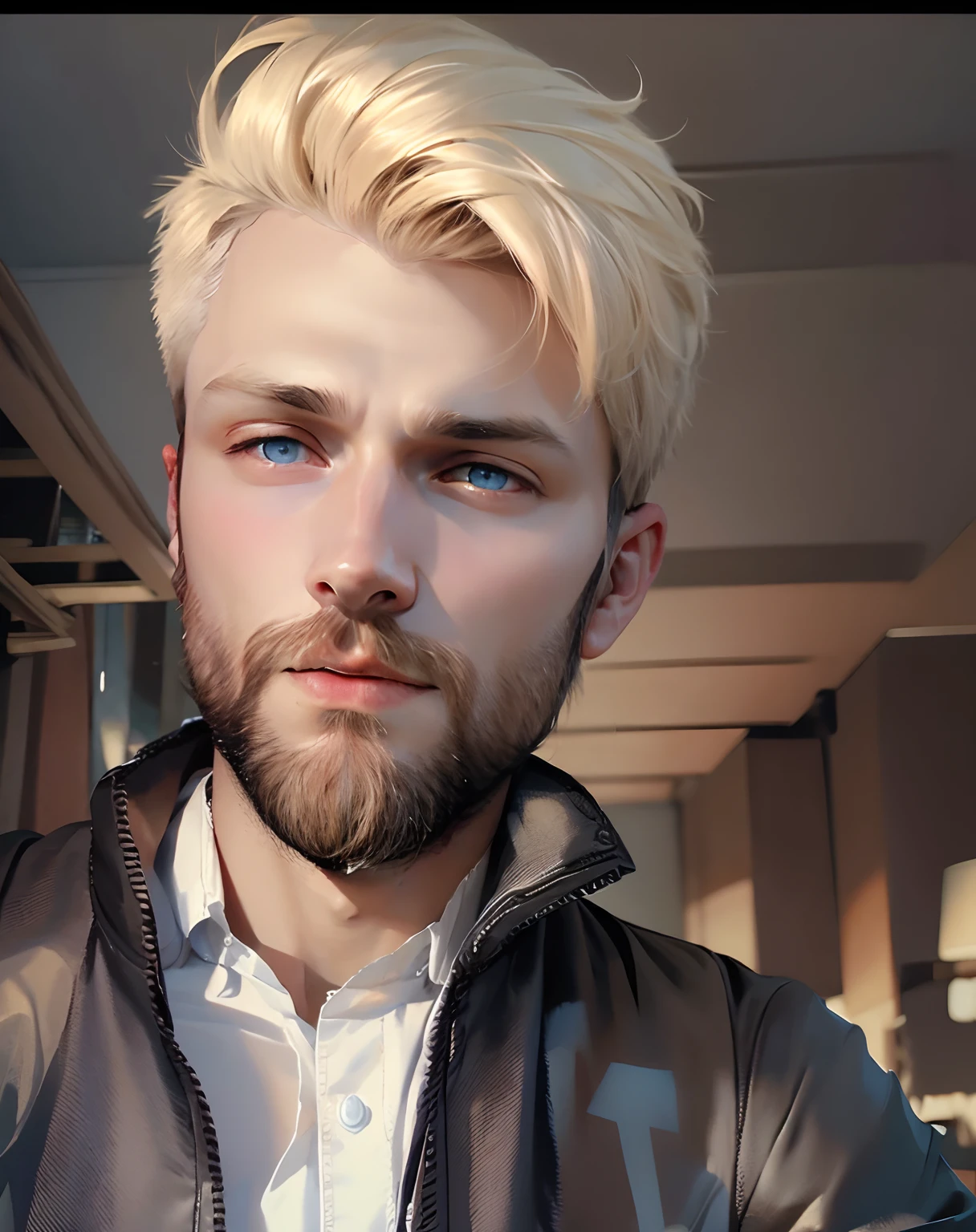 blonde man, blue eyes, short hair, thin beard on chin, wearing black clothes of a noble king, masterpiece, best quality