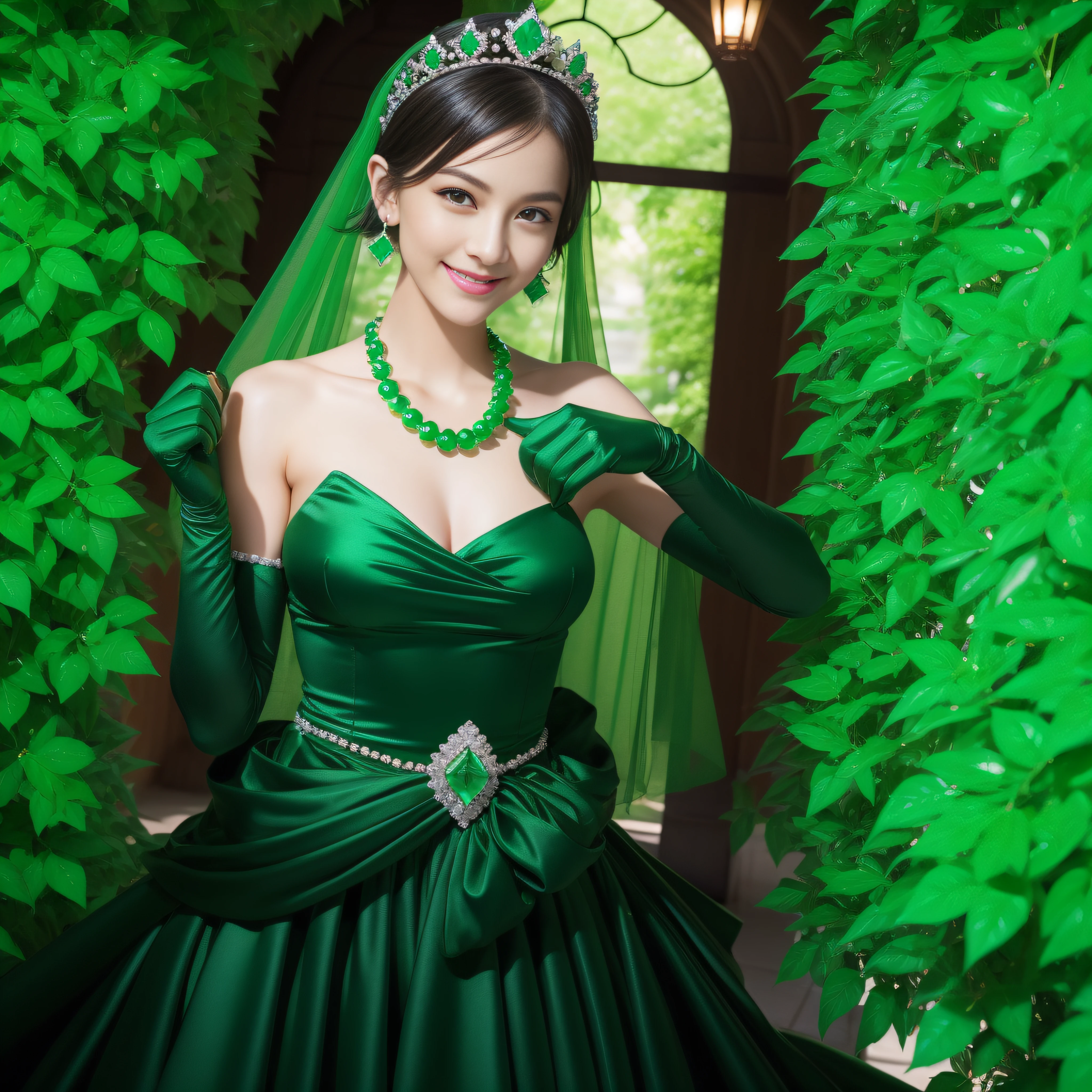 emerald tiara, Green Pearl Necklace, Boyish very short black hair, lipsticks, Japan woman smiling, very short short hair, fist, big breasts beautiful, Green eyes, Long green gloves made of satin material, Green eyes, Emerald Earrings