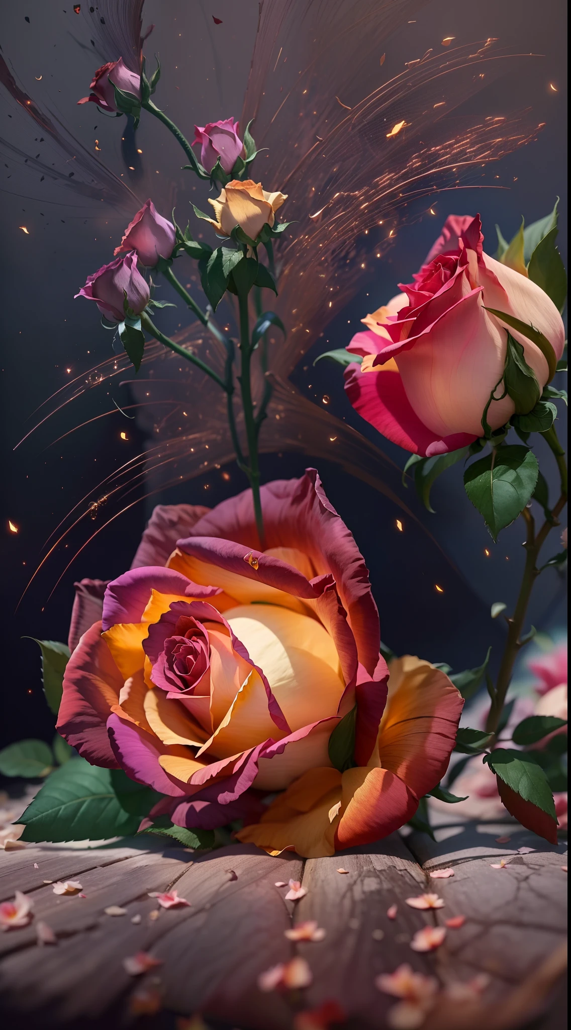 There are roses lit by fire, Sparkling rich colors, In beautiful colors, Dramatic lighting and colors, exploding roses, amazing color photograph, vivd colour, Rose Twinings, ❤🔥🍄🌪, ✏️🎨, roses in cinematic light, photo of a rose, Beautiful details and colors, a magical colorful flower, with a black background