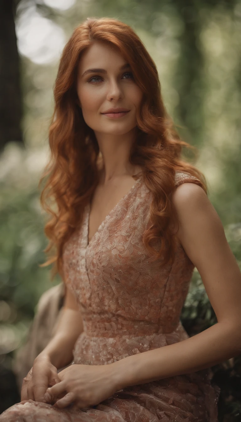 highly detailed, 8k, masterpiece, 1girl, Red tied_hair, dress , crazy_smile, (perfect_face), detailed_background, full_body, bloom,(beautiful lighting:1.3), caustics, dynamic lighting, from_below