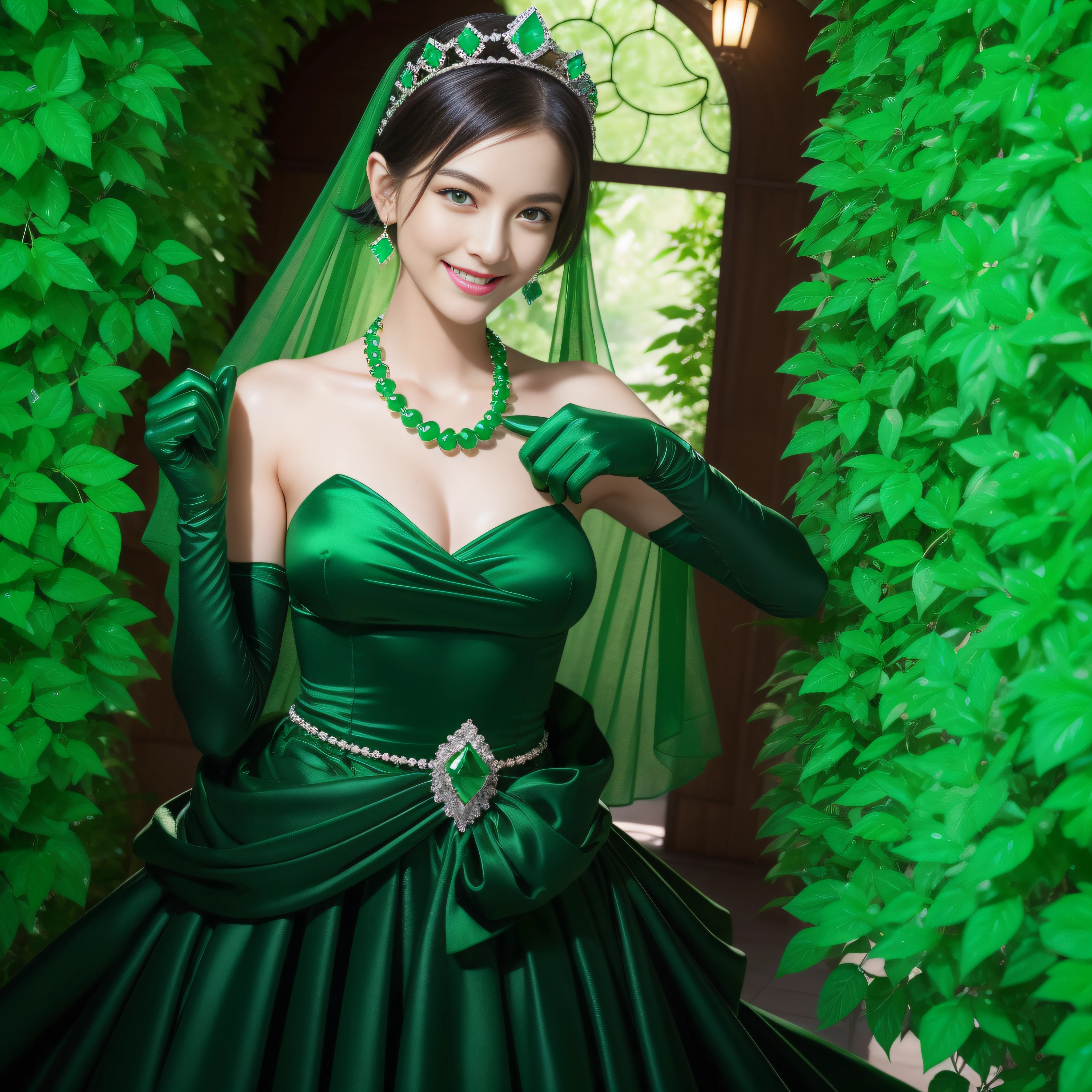 emerald tiara, Green Pearl Necklace, Boyish very short black hair, lipsticks, Japan woman smiling, very short short hair, fist, big breasts beautiful, Green eyes, Long green gloves made of satin material, Green eyes, Emerald Earrings