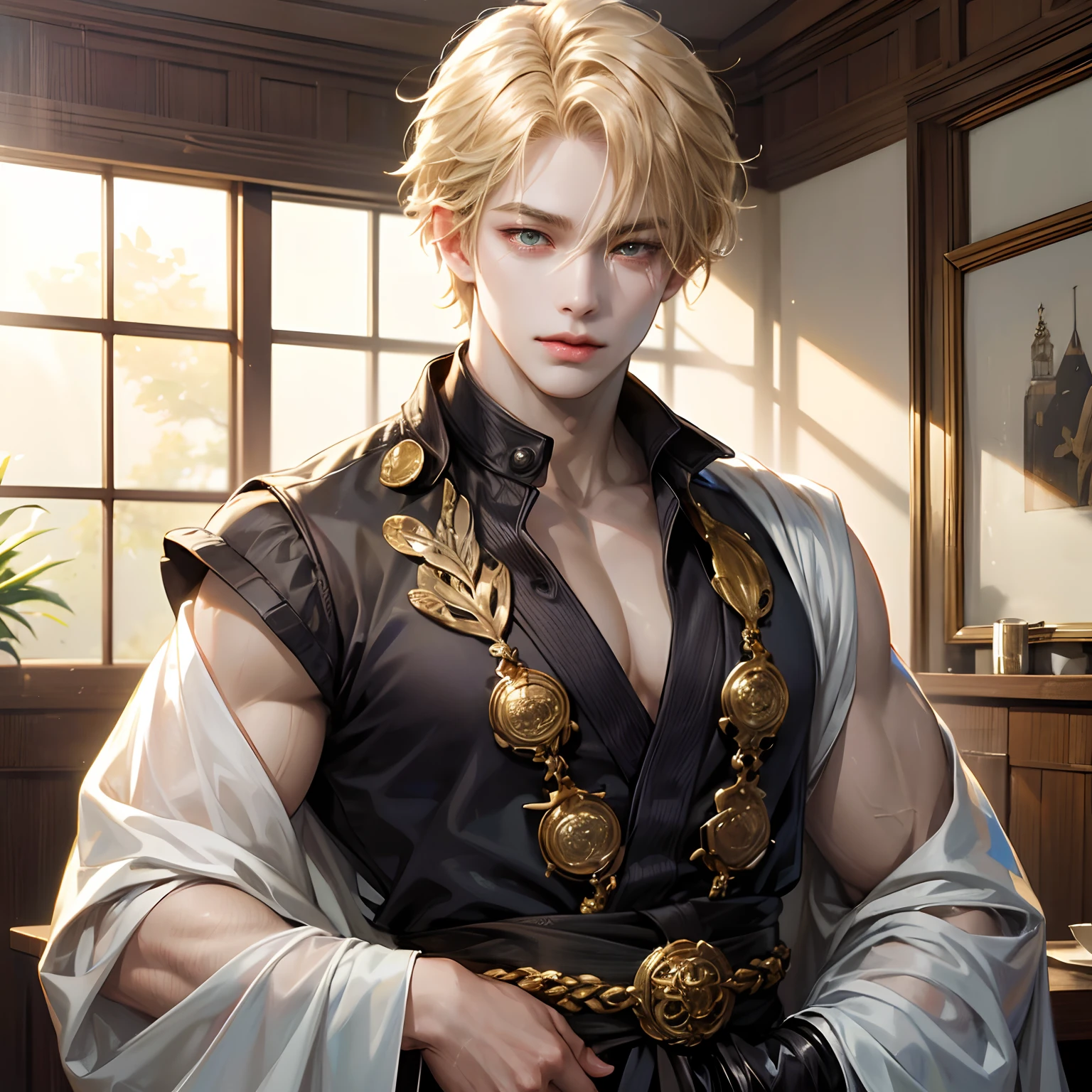 (absurdres, highres, ultra detailed, HDR), masterpiece, best quality, 1 boy , Hakuoki character, short light blonde hair, handsome face, anime eyes, detailed interior, detailed character, golden eyes