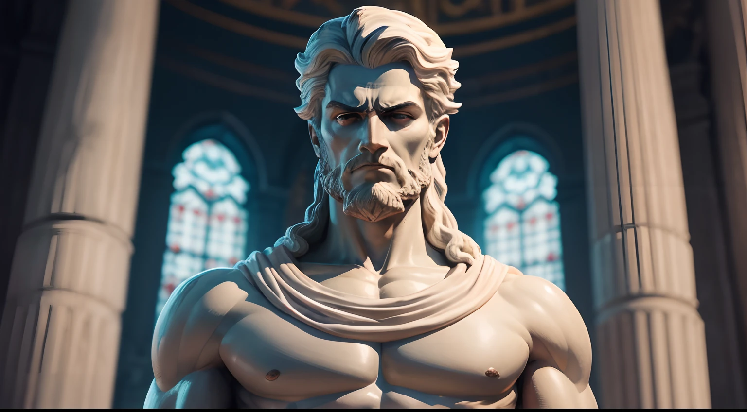 Stoic statue, with an expression of anger, usando manto e tunica longo sobre todo o corpo, rosto definido, Noite escura, fundo grego antigo do templo, 35 mm, lateralmente, Filmado em Sony A7S III com Sony FE 35mm f/1.8, 12.1 MP, --AR 3:2 --estilo cru