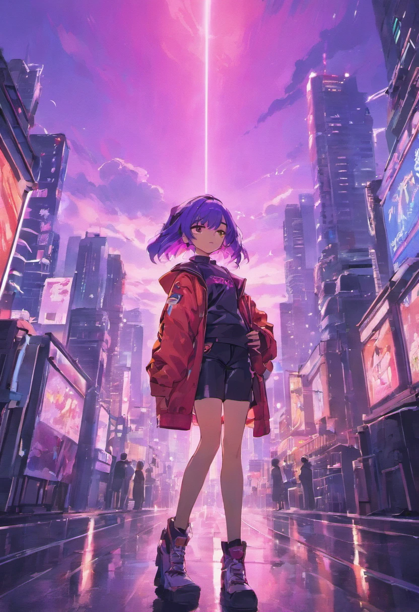Close-up of the city with neon sunset in the background, Synthwave City, vaporwave city, Synthwave aesthetics, Neon City in the background, Background of Neo Tokyo, Neon metropolis in the background, Futuristic urban background, cyberpunk aesthetics, The city's backstory is cyberpunk, Purple Cyberpunk City, cyberpunk city background, cyberpunk aesthetics, cyberpunk atmosphere, Cyberpunk cityscape,anime clouds, Anime background, anime sky, in style of makoto shinkai, Beautiful puffy clouds. the anime, style of makoto shinkai, makoto sinkai!, beautiful anime scenery, based on Makoto Shinkai, Anime Landscape Wallpaper, makoto sinkai!!, Makoto Shinkai art style,japanaese girl,pale skin,beatiful face(purple hair)red jacket,Tokyo at night, with Cyberpunk style,Japanese streetwear,Tokyo Fashion,In a Cyberpunk 2 jacket 0 7 7,Full-length,attractive pose,Bottom view