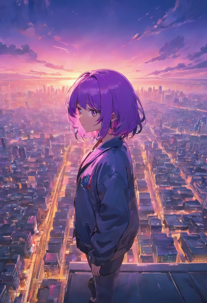 Close-up of the city with neon sunset in the background, Synthwave City, vaporwave city, Synthwave aesthetics, Neon City in the background, Background of Neo Tokyo, Neon metropolis in the background, Futuristic urban background, cyberpunk aesthetics, The city's backstory is cyberpunk, Purple Cyberpunk City, cyberpunk city background, cyberpunk aesthetics, cyberpunk atmosphere, Cyberpunk cityscape,anime clouds, Anime background, anime sky, in style of makoto shinkai, Beautiful puffy clouds. the anime, style of makoto shinkai, makoto sinkai!, beautiful anime scenery, based on Makoto Shinkai, Anime Landscape Wallpaper, makoto sinkai!!, Makoto Shinkai art style,japanaese girl,pale skin,beatiful face(purple hair)red jacket,Tokyo at night, with Cyberpunk style,Japanese streetwear,Tokyo Fashion,In a Cyberpunk 2 jacket 0 7 7,Full-length,attractive pose,Bottom view