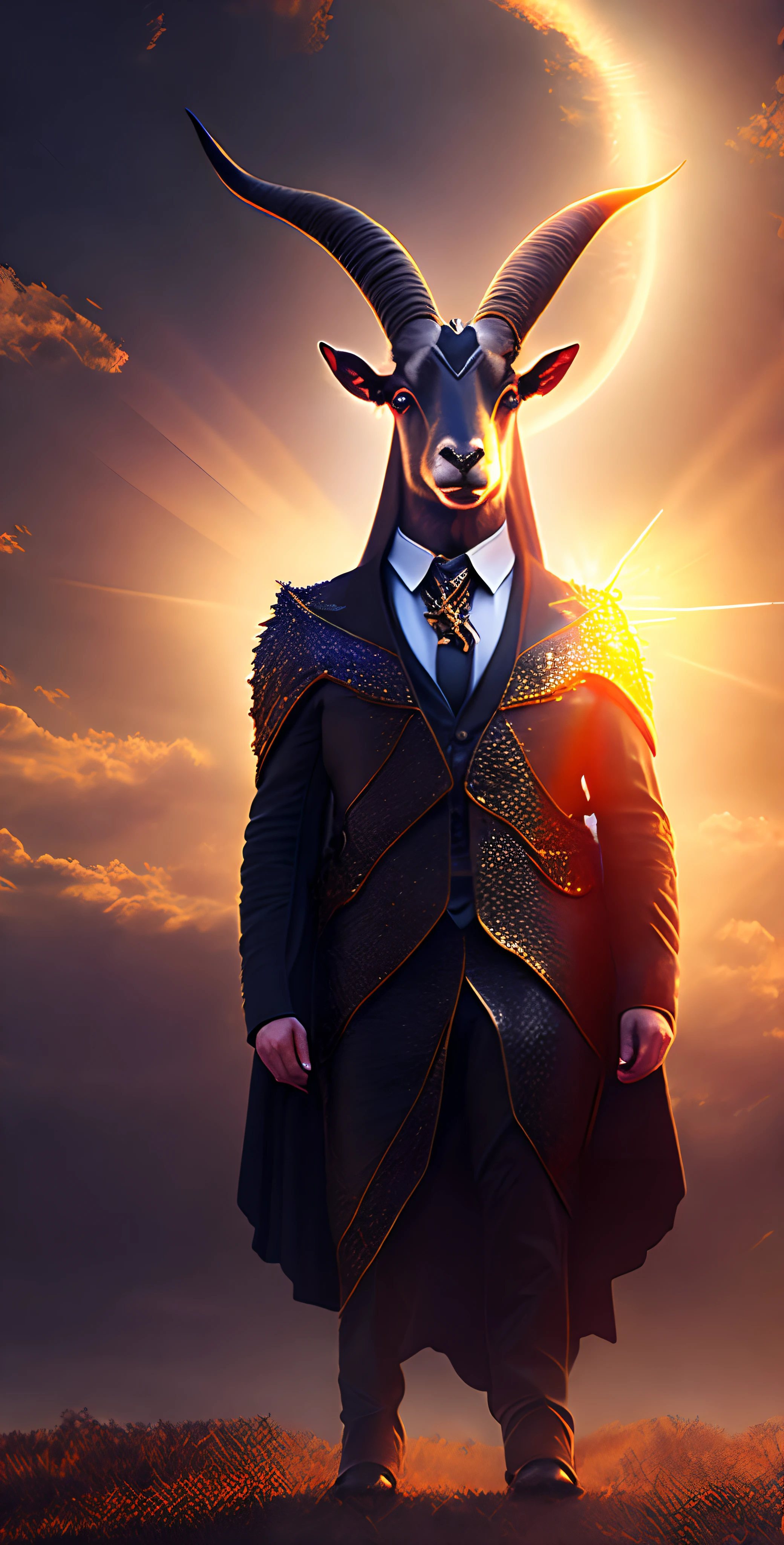 A GOAT STANDING WITH HUMAN BODY HIS OUTFIT IS A BLACK SUIT, PARECE O BAPHOMET, BEHIND IS U WITH RAYS OF SUN , FINAL DE TARDE, PASSERINES FLYING AROUND, ALTA QUALIDADE,4K,REALISMO, HDR+