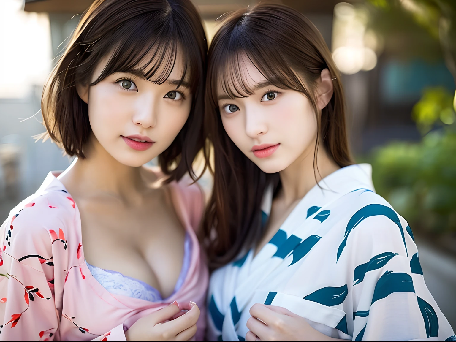 (8K、top-quality、masterpies:1.2)、(Haired、_Style)、(realisitic、Photorealsitic:1.37)、top-quality、masterpies、A photography studio bathed in the summer sun、simple background、[small tits]、[Little chest]、Two models with different atmospheres、Position one of the two in a well-balanced perspective、1 photo、High Balance、Backlight、from waist up、Camera angle with background facing up、Hands holding hair to ears、Shot in natural light from morning to noon、Hair arrangement and summer yukata style according to the trend of 2023、Three years for two Japan、realisitic、realisitic、super detailing、Beautiful facial features、10 generations、actress、Half-Japanese and Russian models、Elaborate CG、slender、Charming、college aged、lesbian、Kissed、Long model and bob model for 3 years Japan、Hair fluttering in the wind、Delicate skin type、Hair with fine details and softness、The model's hair color is slightly lighter and softer、Gloss makeup、Take off your yukata and wear underwear.、Bra and panties have a cute design in light pink、The hem of the yukata is twisted to reveal all the underwear.