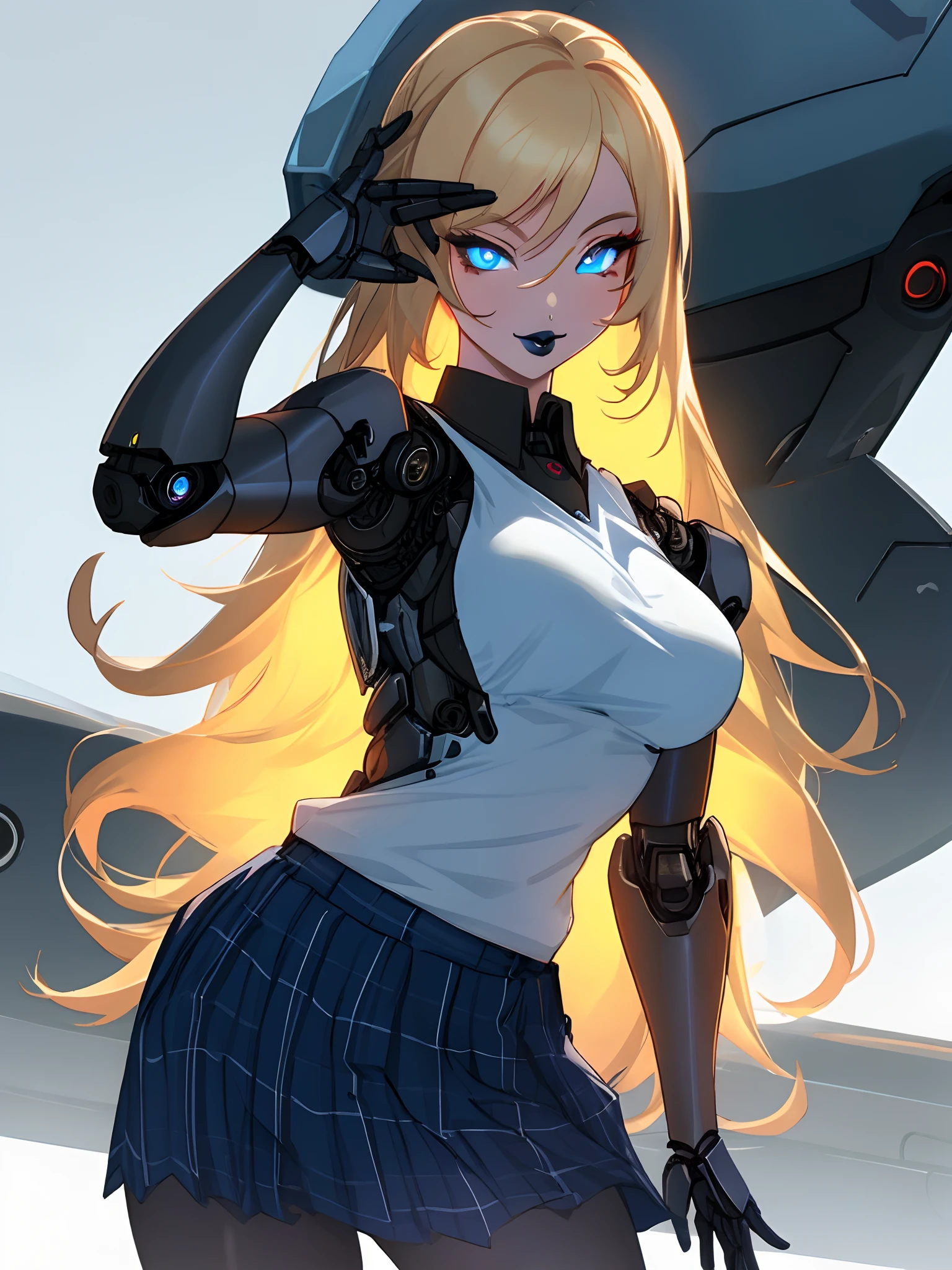 Sexy, female teacher, 1 robotic arm, white top,plaid skirt, long blonde hair, glowing blue eyes, black lipstick,