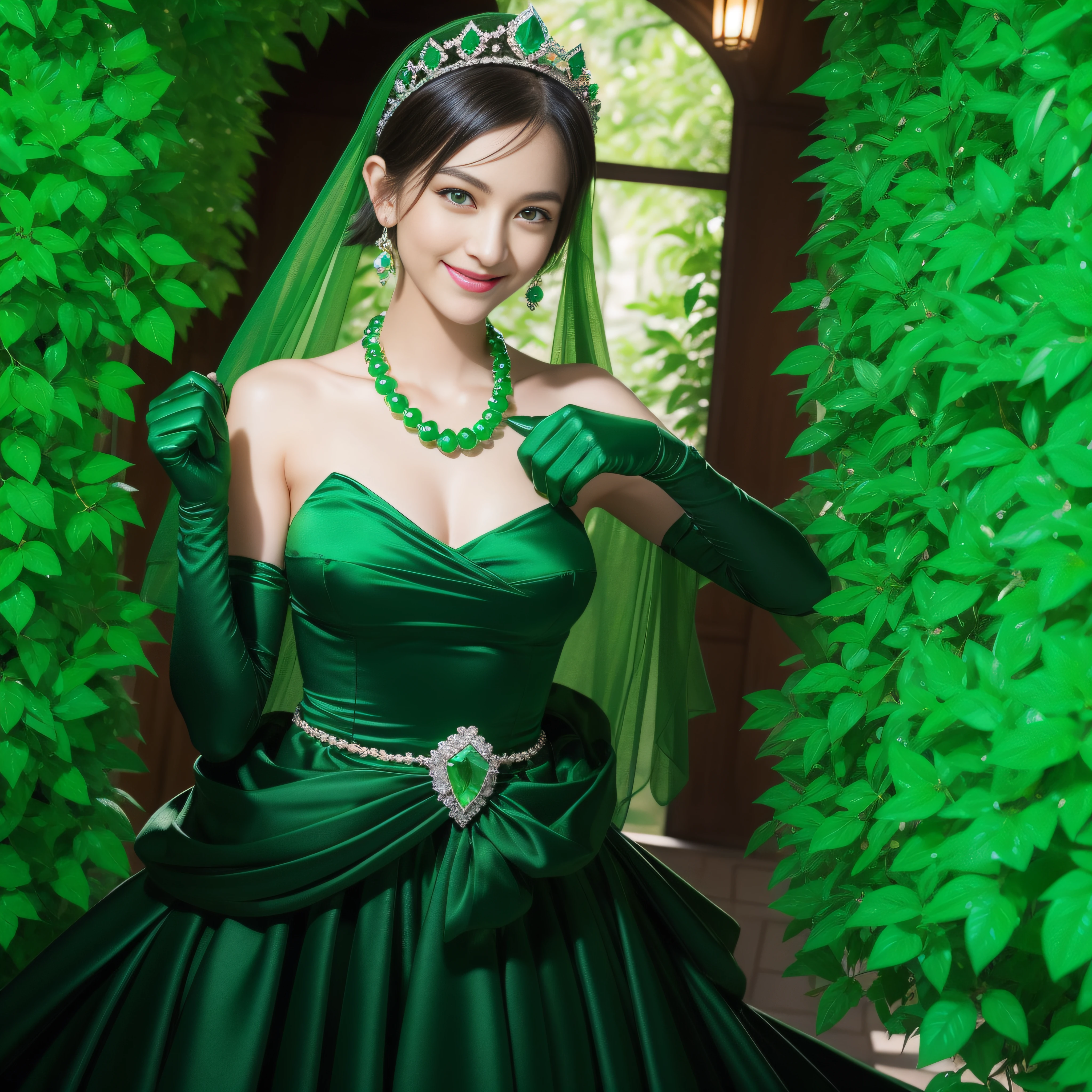 emerald tiara, Green Pearl Necklace, Boyish very short black hair, lipsticks, Japan woman smiling, very short short hair, fist, big breasts beautiful, Green eyes, Long green gloves made of satin material, Green eyes, Emerald Earrings