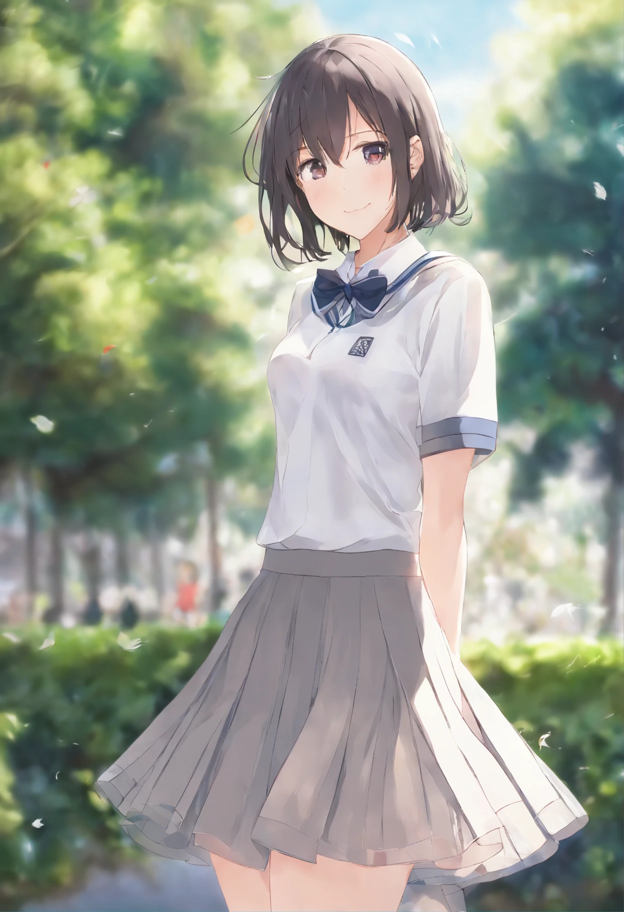 18 years old female, Long hair, RAW photo, Bokeh (Realism: 1.4, Realistic), High detail CG unified 8K wallpaper, 1girll, ((Slim body: 1)), (Small breasts: 1), back on viewer, ((View directly from the front)), (HQ skin: 1.4), 8K  UHD, Digital SLR, Soft light, High quality, filmgrain, Fujifilm XT3, ((school uniform, Short skirt,Sheer revealing dress:1.5)), ((En plein air, at park))) Long beads, Portrait,((Short hair in layers, Black hire,Small breast:1.2)),(view the viewer:1.4),(full bodyesbian:1.8)