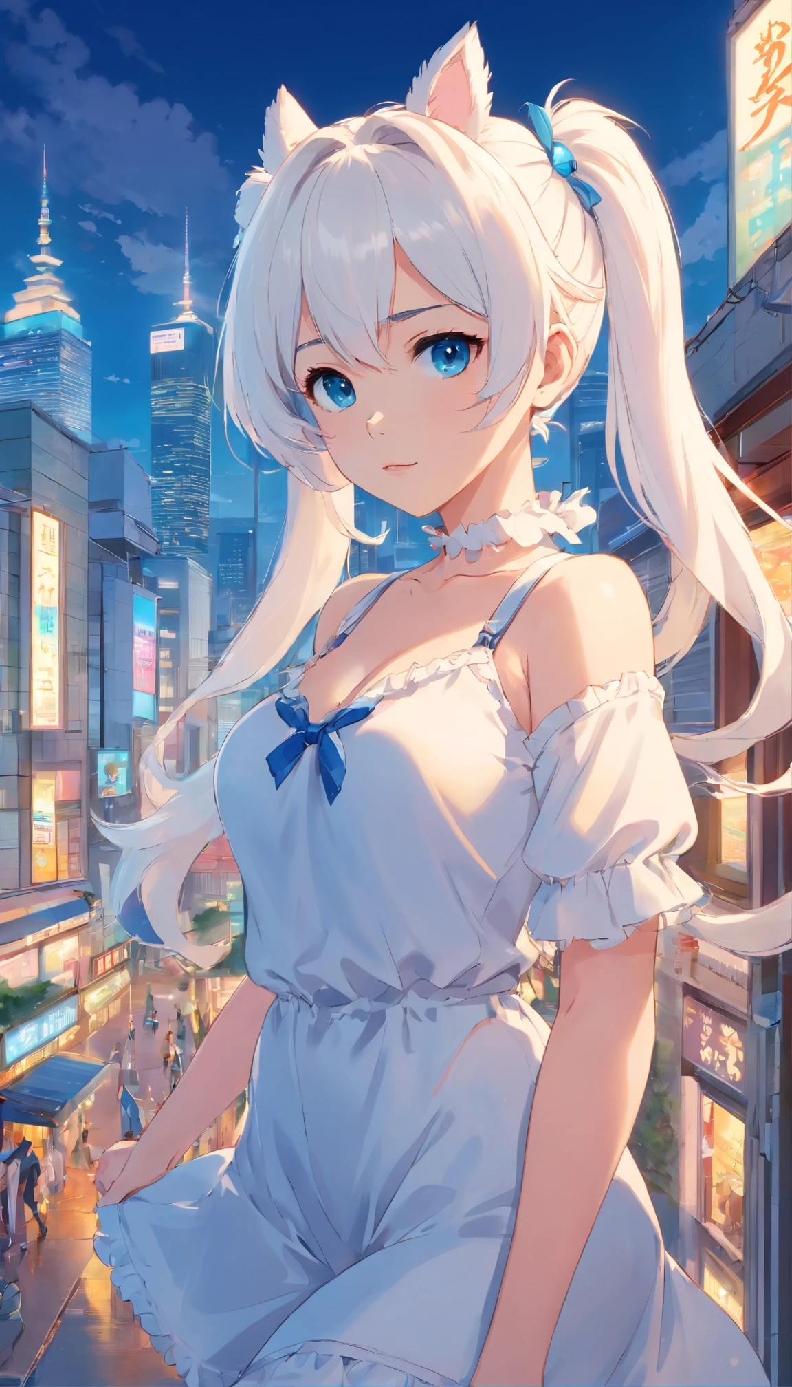 white color hair，double ponytail curls，blue color eyes，White Lolita，Beth，busy cityscape，Beast ears。Big breasts without shoes