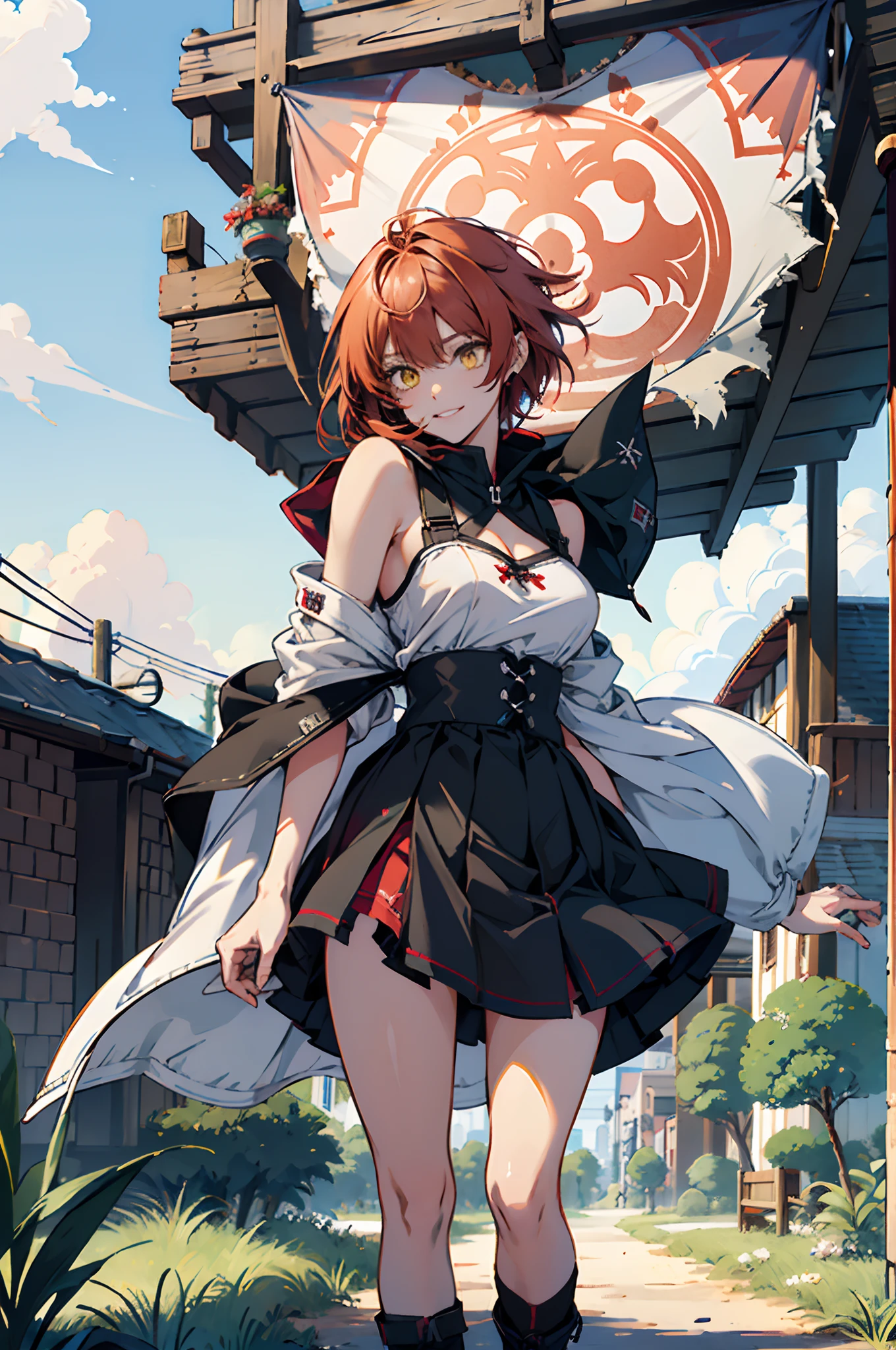 Pure sky，Plump legs，Anime girl standing gracefully on the ground，Black cape and red hair, rogue anime girl, Anime girl standing, Wearing a cloak on the blasted plain, asuka suit under clothes!, angel girl, badass posture, mechanic punk outfit, anime styled 3d, render of a cute 3d anime girl, gapmoe yandere grimdark, Female character，musculature，Abs，glowing bright yellow eyes，Bright red hair，short detailed hair，Dull hair，（Muscle 2.0），Tomboyish，Be red in the face，looking at viewert，Elaborate Eyes，huge tit，1.5，Put your hands in your pockets，ssmile，blacksilk，Straight big breasts，strappy，Black hot miniskirt，White bandeau，Toothless smile，Lower breast，Mechanical wind，There are no cities，Side breasts，Excitation，Top crotch，Sexy lower abdomen，extremely large bosom，High-fork panties，looking at viewert，nabel，chest-hugging，The halo，dynamicposes，Tall anime girl，cropped shoulders，Clean and pure sky，Place the index finger of your right hand in front of your mouth，over knee socks，Half-off white cloak，Ark of Tomorrow，Can angel