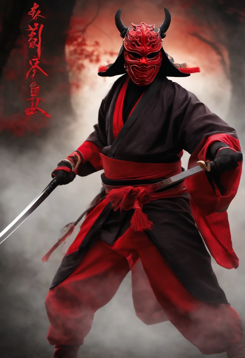 a red ninja with a Japanese oni mask, com uma roupa preta, menacingly
