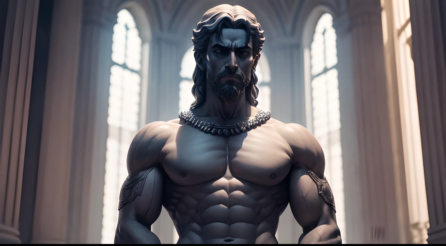 Stoic statue, with an expression of anger, usando manto e tunica longo sobre todo o corpo, rosto definido, Noite escura, fundo grego antigo do templo, 35 mm, lateralmente, Filmado em Sony A7S III com Sony FE 35mm f/1.8, 12.1 MP, --AR 3:2 --estilo cru