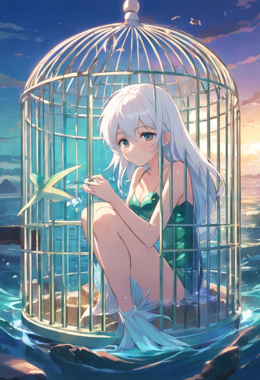 White-haired Miss Mermaid in a cage