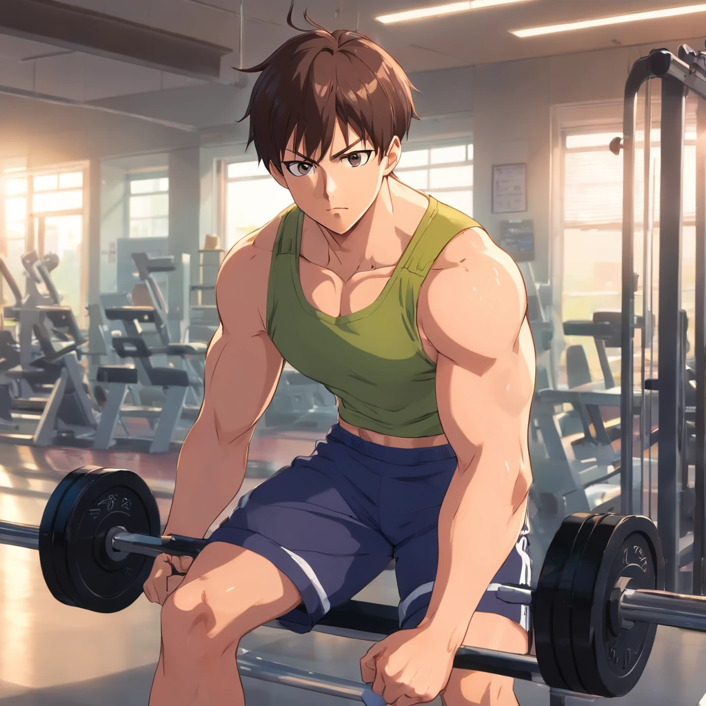 Saitama ((careca)), Um homem de soco, masculino, Working out intensely in a bodybuilding gym, Well-defined and detailed muscles,