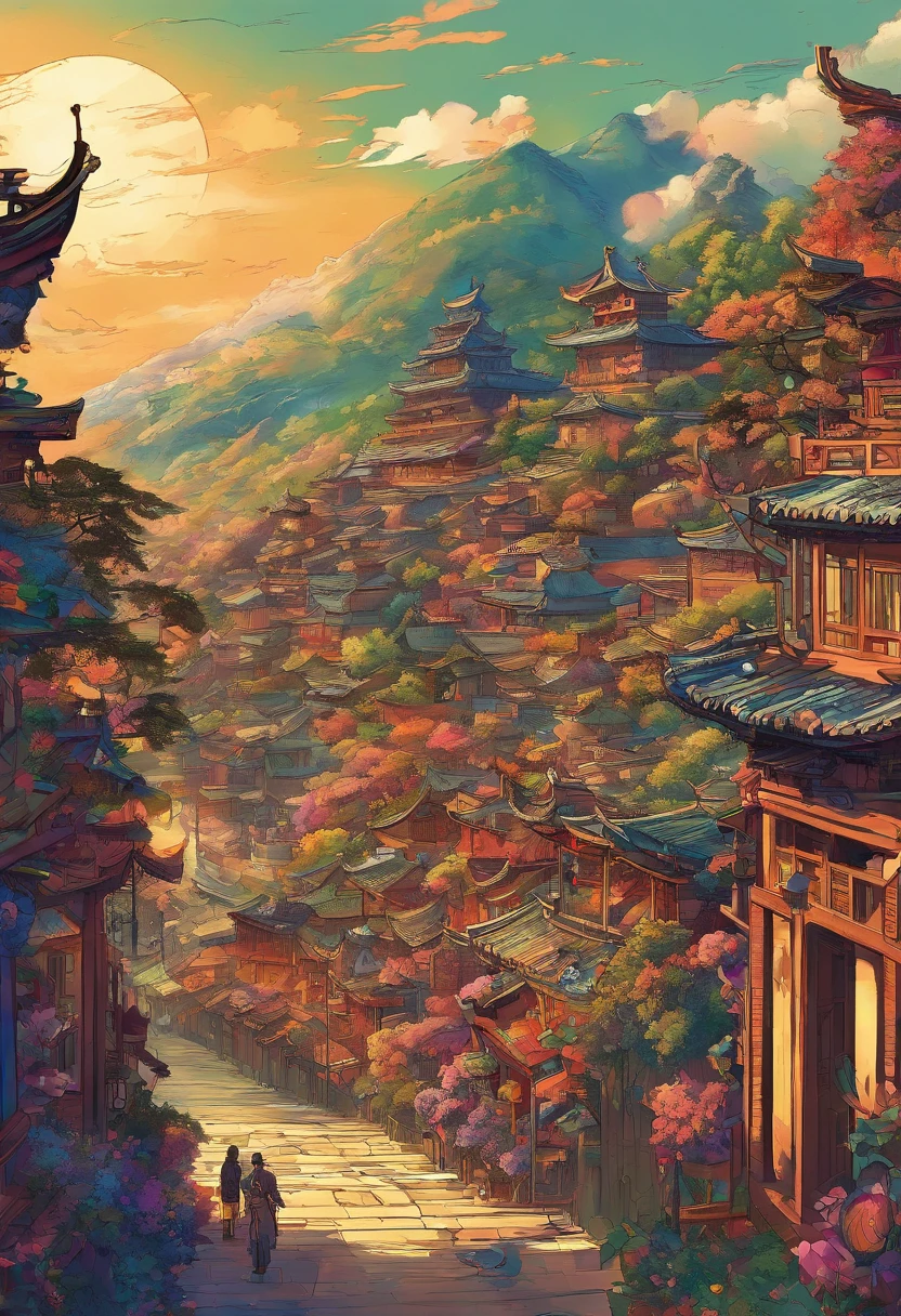 (((Comic storyboard))),comic strip,Two-dimensional picture,Manhwa Style,Makoto Shinkai animation style,Makoto Shinkai animation film art style,Ultra-wide angle of view,China-style,a town with beautiful scenery,Faraway view,Vivid and bright colors,super-fine,ultra - detailed,high qulity,8K ,oc rendered,dynamic viewing angle,Hyper Real,Ultra photo realsisim