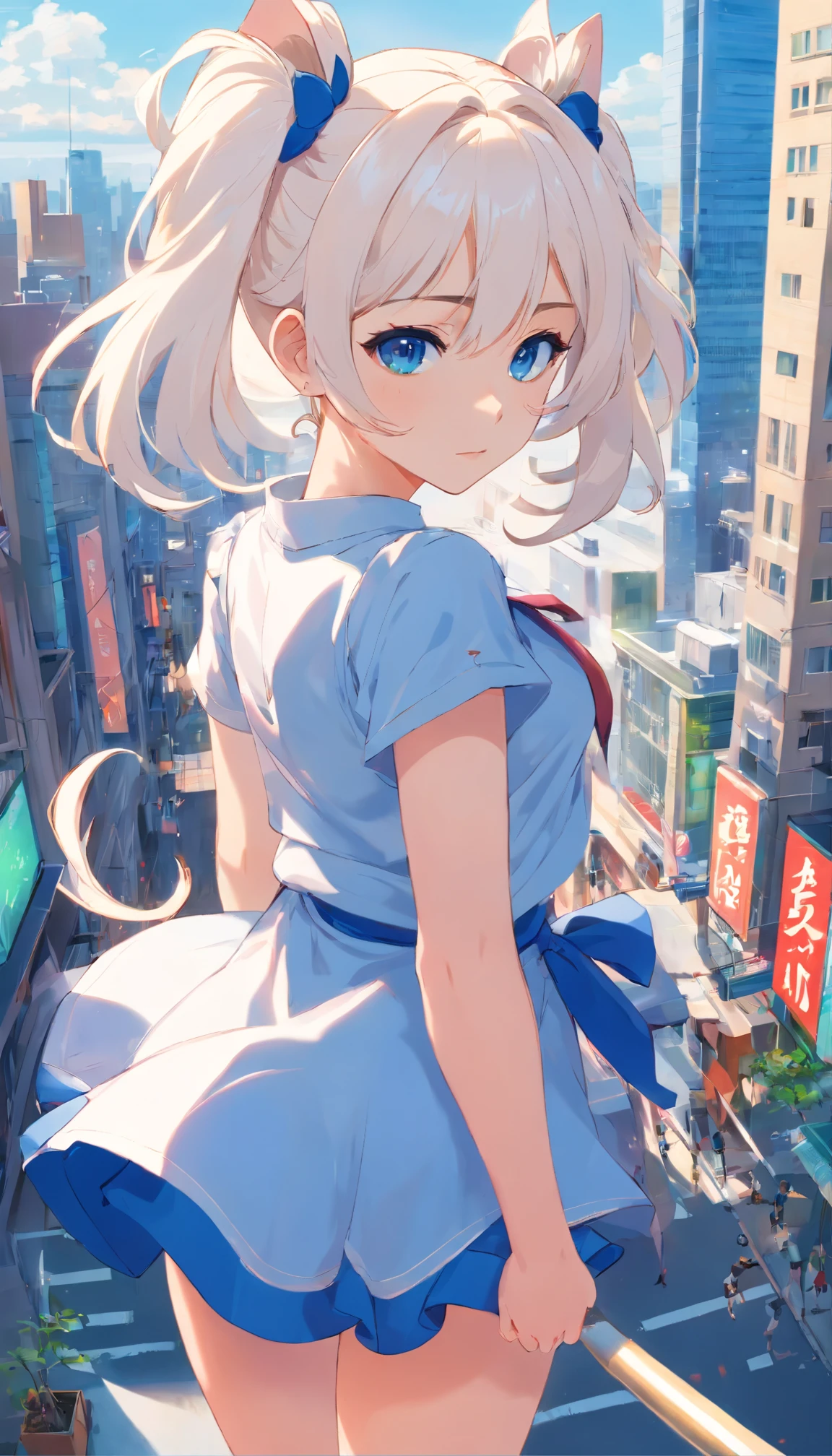 white color hair,double ponytail curls,blue color eyes,White ta,Beth,busy cityscape,Beast ears。Big breasts without shoes