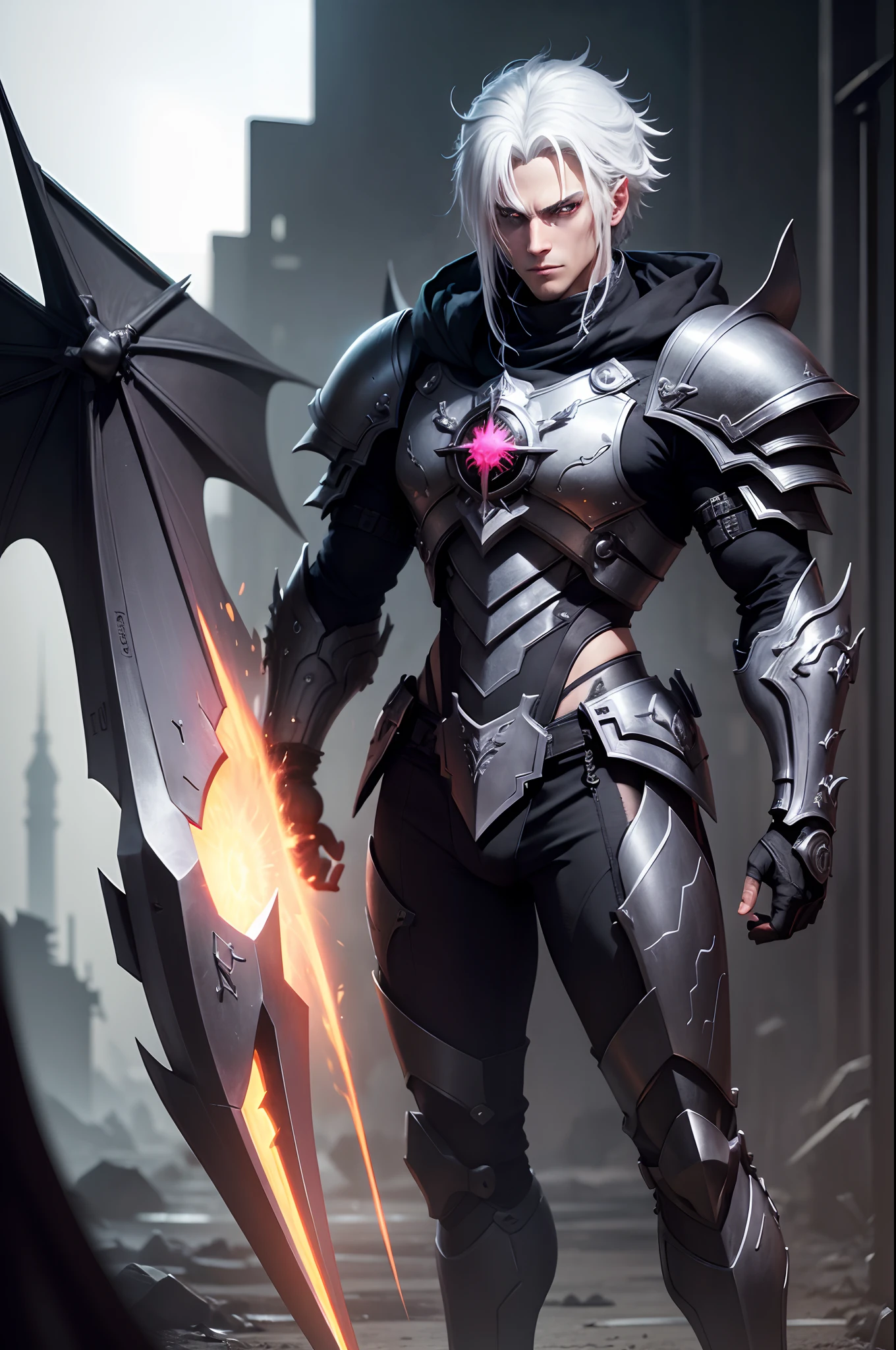 Mann, Gesicht, White hair, Armor of the Black Dragon, Maske, Rote Augen, High quality, super detailliert, Super Evil Armor, vorderseite, Helles Bild, vorderseite, 4 Drachenflügel, mehr vorne, black armor, Roter-Kupfer Verzierung, Cyberpunk, Neon, metallisch, fullbody view