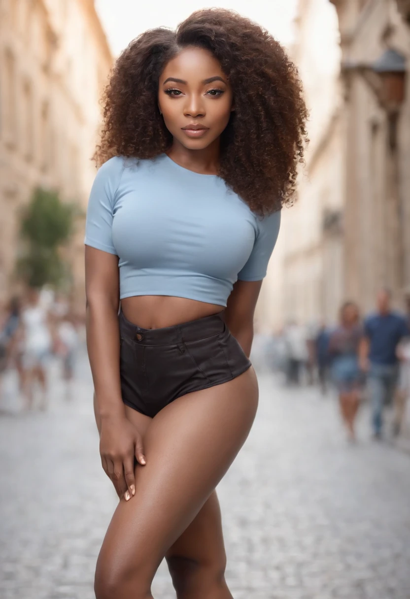 ((Dark African skin, Very deep ebony skin)), ((Its beauty is undeniable)), ((cute excited face)), ((Hyper detailed perfect eyes,)), ((pose mignonne)), ((Langue sortie)), ((Attirant )), sexy, (( Tight knit shirt, shorts courts sexy)), ((Afro curly African hair afro ponytail afro,)), (( peau)), ((debout, vue de face)), ((toucher ses propres jambes dans une pose sexy)), ((dehors, Ville publique)), CGI ciblé, Fotorrealista, High detail, Realstic, Master part, Absurde, Best quality, Hdr, highly quality, high-definition, extremly detailed, 8k wallpaper, intricate high detail, 8K UHD, Full-HD, (photo realist:1.2), contraste, intense illumination, lighting cinematic, natural lighting, hard light, contre-jour, Illumination globale, occlusion ambiante