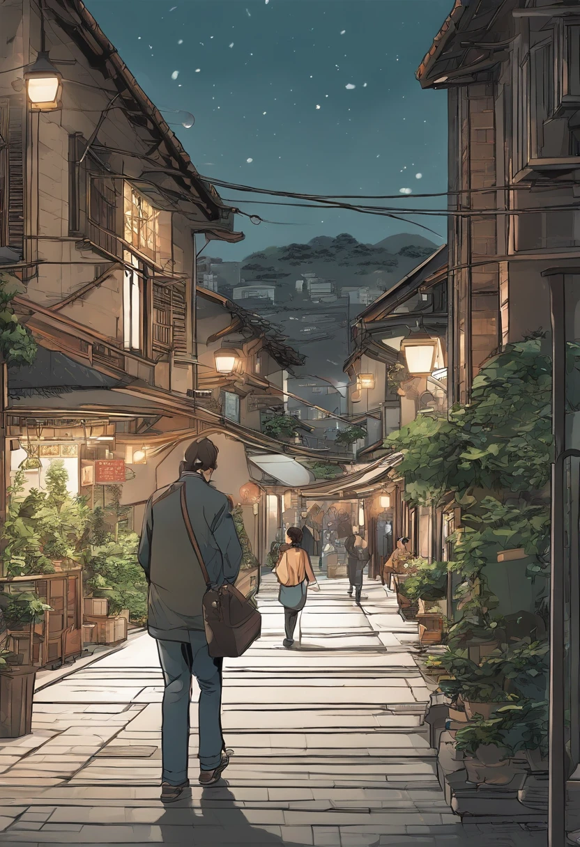 Comic strip，Hong Kong comic book style，Fengyun Cartoon Style，（（（Cartoon Storyboard））），Two-dimensional illustration，Makoto Shinkai Style，Makoto Shinkai Manga Art，s girl，The narrow streets of the town，Starry skiing，vibrant with colors，ultra-fine，Soft lines，High Quality，8K，tmasterpiece