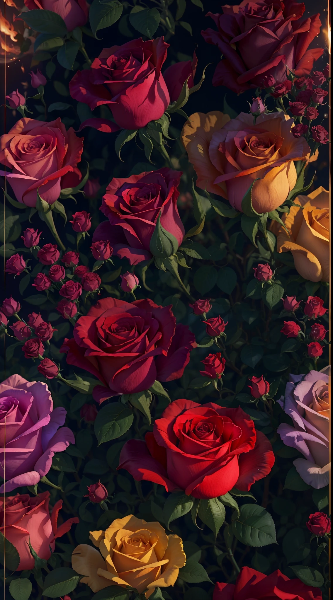 There are roses lit by fire, Sparkling rich colors, In beautiful colors, Dramatic lighting and colors, exploding roses, amazing color photograph, vivd colour, Rose Twinings, ❤🔥🍄🌪, ✏️🎨, roses in cinematic light, photo of a rose, Beautiful details and colors, a magical colorful flower, with a black background