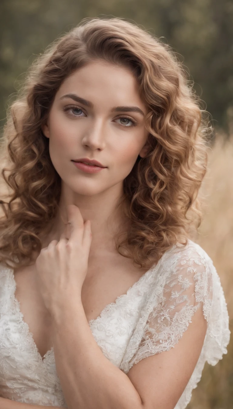 sensual photo essay white woman curly hair, sem cabelo, , foto em estudio , foto realista , luz criativa, copo inteiro , odalisca , vestido azul , good hands,