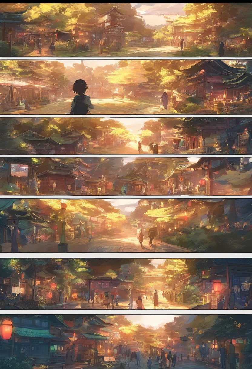 (((Comic storyboard))),(((Cartoon Split,4、5、6 tiles)))。comic strip,Two-dimensional picture,Manhwa Style,Makoto Shinkai animation style,Makoto Shinkai animation film art style,Ultra-wide angle of view,China-style,a town with beautiful scenery,Faraway view,Vivid and bright colors,super-fine,ultra - detailed,high qulity,8K ,oc rendered,dynamic viewing angle,Hyper Real,Ultra photo realsisim