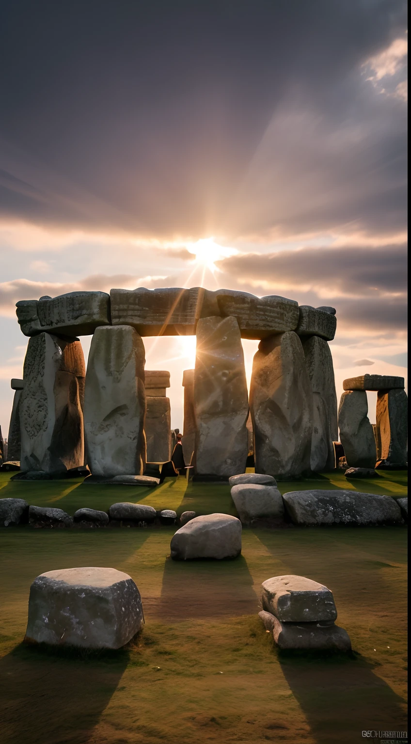 Stonehenge is a megalithic monument consisting of a set of concentric circular structures, built in five major stages, between 3000 and 1100 BC, from the Neolithic to the Bronze Age. (Cinematic lighting, 16k, Best quality, Hdr, Best resolution, centerpiece: 1.2) , Bokeh, Realistic photography, Canon 5d4