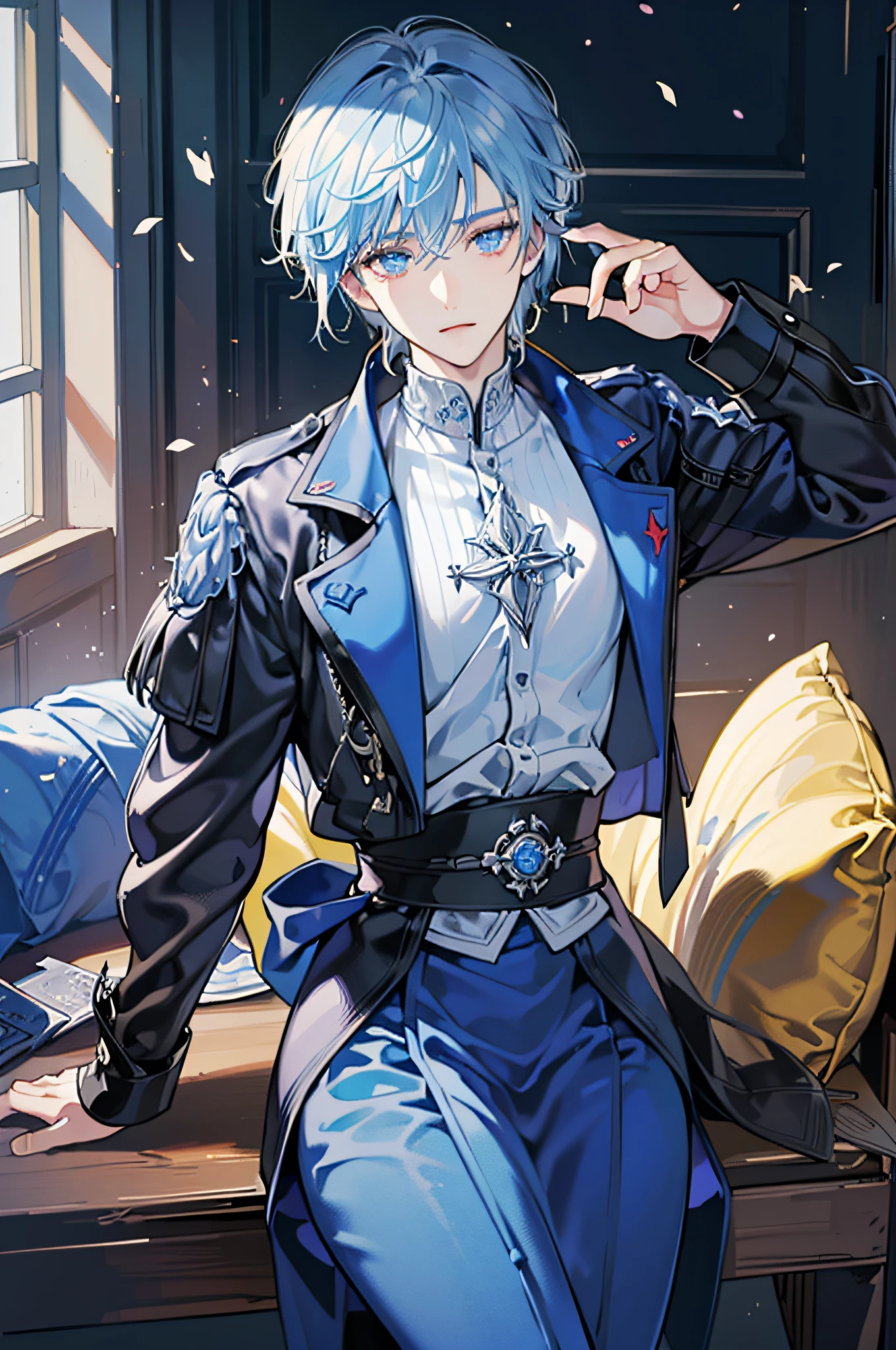 Blau-lila Stil, Ich schaue dich an, Gute Augen, Unordentliches Haar, Gebrochenes Haar, Lange Haare, Ritterlichkeit, Very nice digital cyberpunk artwork, male focus, stattlich, Heldenhaft und frech, Handsome man, He wears a blue and white kimono, langes Schwert auf der Schulter, Ritterlicher Stil, Hochwertige Detaildarstellung, verschwommener Hintergrund und weiches Licht setzen sich ab, Shooting on the middle side, Mittlere Seitenperspektive, Musterdekorationen und Accessoires, Gebrochene Blumen und fliegende Blumen, Dichter Nebel umgeben, Light and shadow changes extremely exquisite. 4k-Hintergrundbild im Anime-Stil.