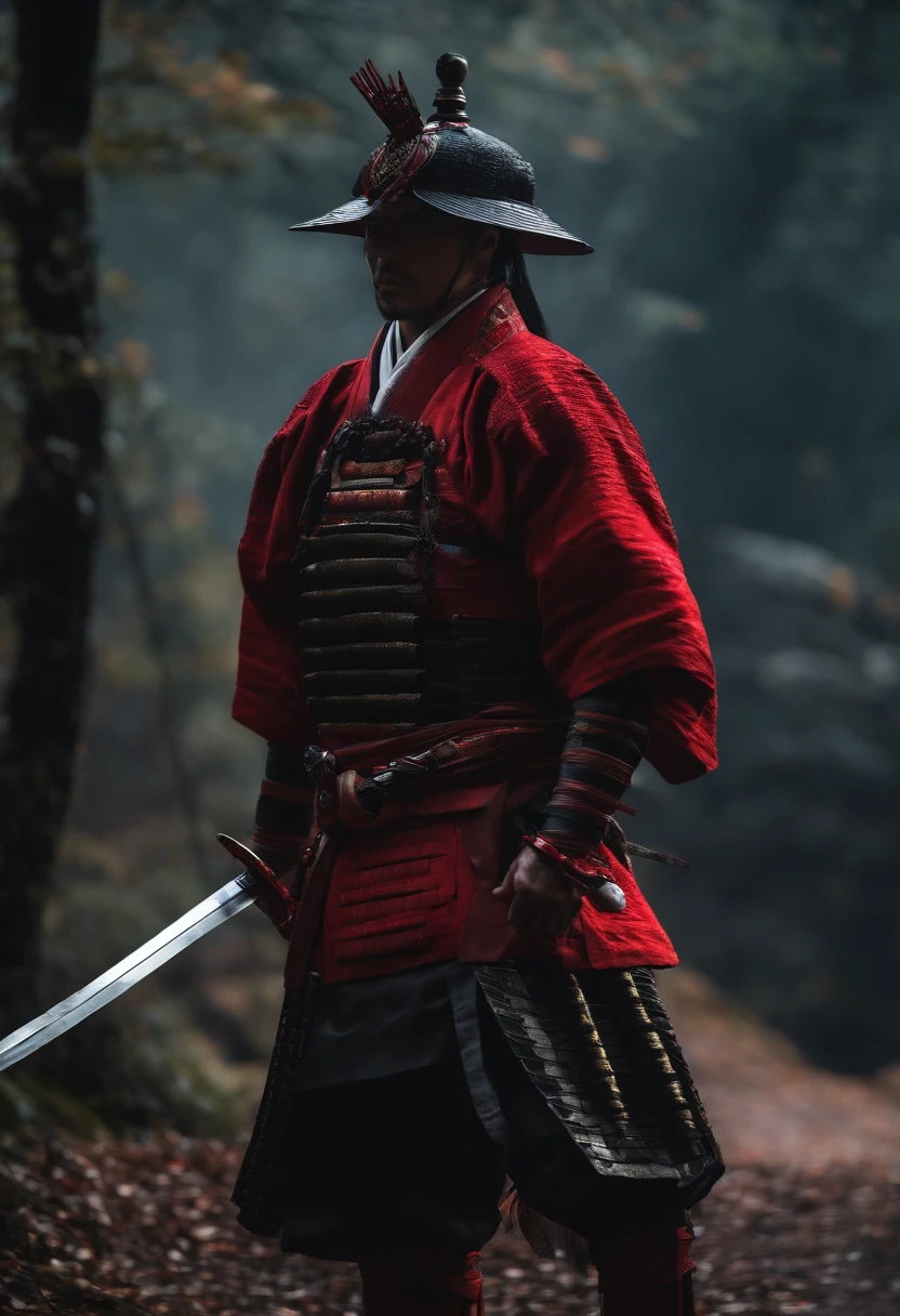 samurai com roupa escura, componentes de robo, com uma espada brilhando vermelho, de frente, fundo escuro, realista,