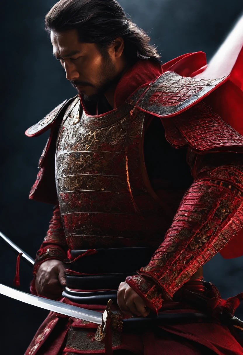 samurai com roupa escura, componentes de robo, com uma espada brilhando vermelho, de frente, fundo escuro, realista,