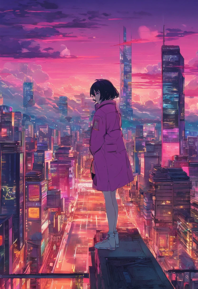 Close-up of the city with neon sunset in the background, Synthwave City, vaporwave city, Synthwave aesthetics, Neon City in the background, Background of Neo Tokyo, Neon metropolis in the background, Futuristic urban background, cyberpunk aesthetics, The city's backstory is cyberpunk, Purple Cyberpunk City, cyberpunk city background, cyberpunk aesthetics, cyberpunk atmosphere, Cyberpunk cityscape,anime clouds, Anime background, anime sky, in style of makoto shinkai, Beautiful puffy clouds. the anime, style of makoto shinkai, makoto sinkai!, beautiful anime scenery, based on Makoto Shinkai, Anime Landscape Wallpaper, makoto sinkai!!, Makoto Shinkai art style,japanaese girl,pale skin,beatiful face(purple hair)red jacket,Tokyo at night, with Cyberpunk style,Japanese streetwear,Tokyo Fashion,In a Cyberpunk 2 jacket 0 7 7,Full-length,attractive pose,Bottom view