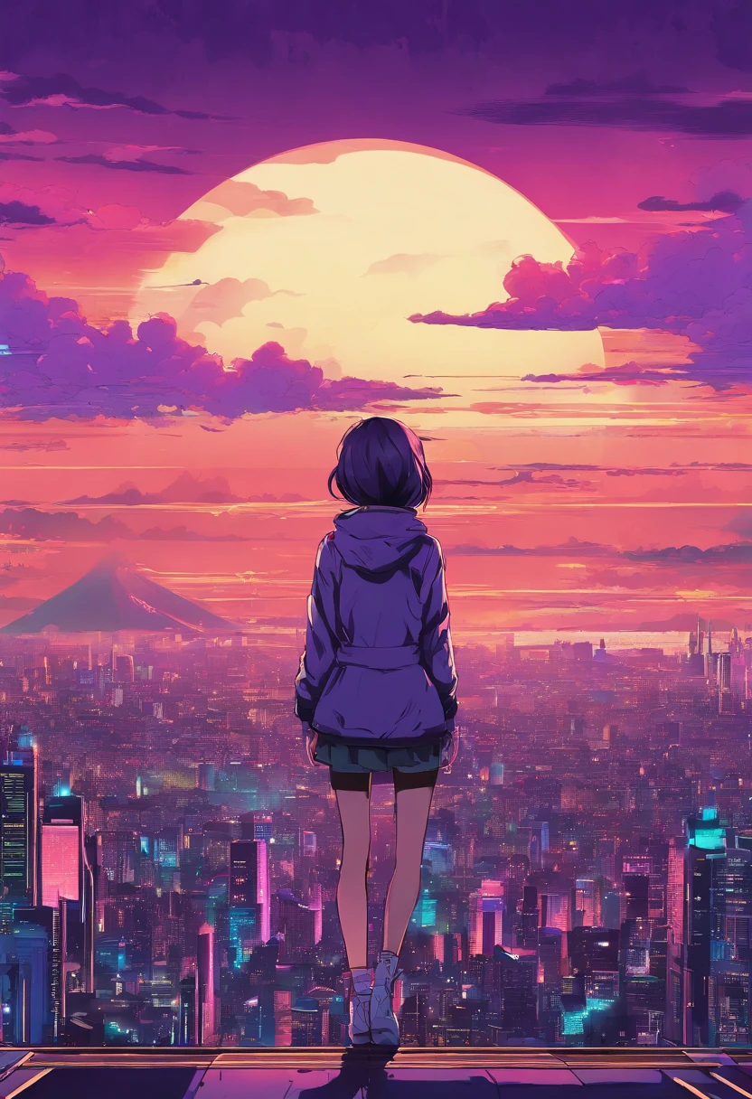 Close-up of the city with neon sunset in the background, Synthwave City, vaporwave city, Synthwave aesthetics, Neon City in the background, Background of Neo Tokyo, Neon metropolis in the background, Futuristic urban background, cyberpunk aesthetics, The city's backstory is cyberpunk, Purple Cyberpunk City, cyberpunk city background, cyberpunk aesthetics, cyberpunk atmosphere, Cyberpunk cityscape,anime clouds, Anime background, anime sky, in style of makoto shinkai, Beautiful puffy clouds. the anime, style of makoto shinkai, makoto sinkai!, beautiful anime scenery, based on Makoto Shinkai, Anime Landscape Wallpaper, makoto sinkai!!, Makoto Shinkai art style,japanaese girl,pale skin,beatiful face(purple hair)red jacket,Tokyo at night, with Cyberpunk style,Japanese streetwear,Tokyo Fashion,In a Cyberpunk 2 jacket 0 7 7,Full-length,attractive pose,Bottom view