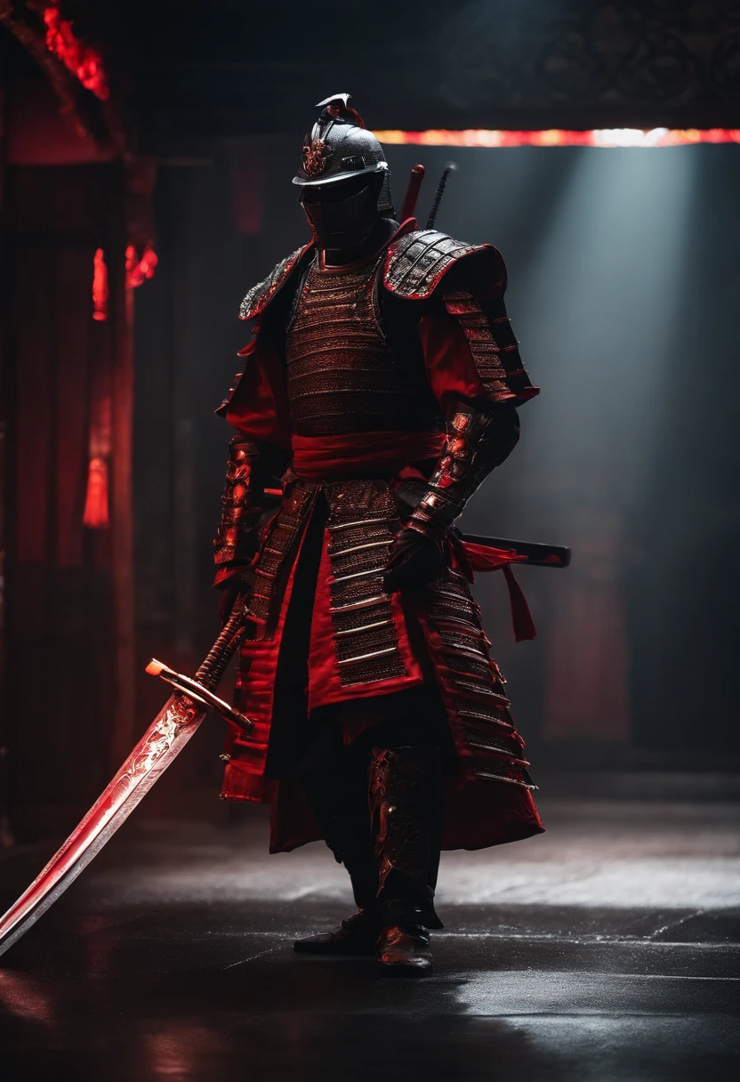 samurai com roupa escura, componentes de robo, com uma espada brilhando vermelho, de frente, fundo escuro, realista,