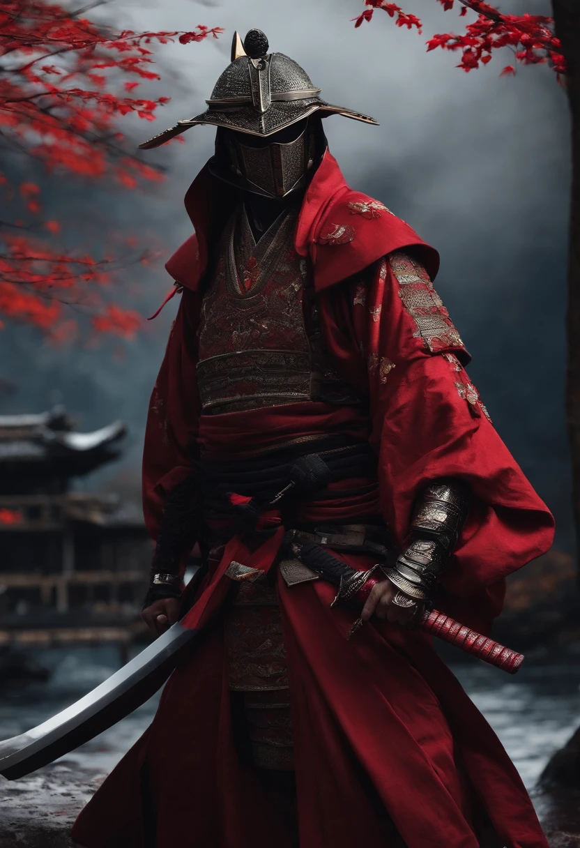 samurai com roupa escura, componentes de robo, com uma espada brilhando vermelho, de frente, fundo escuro, realista,