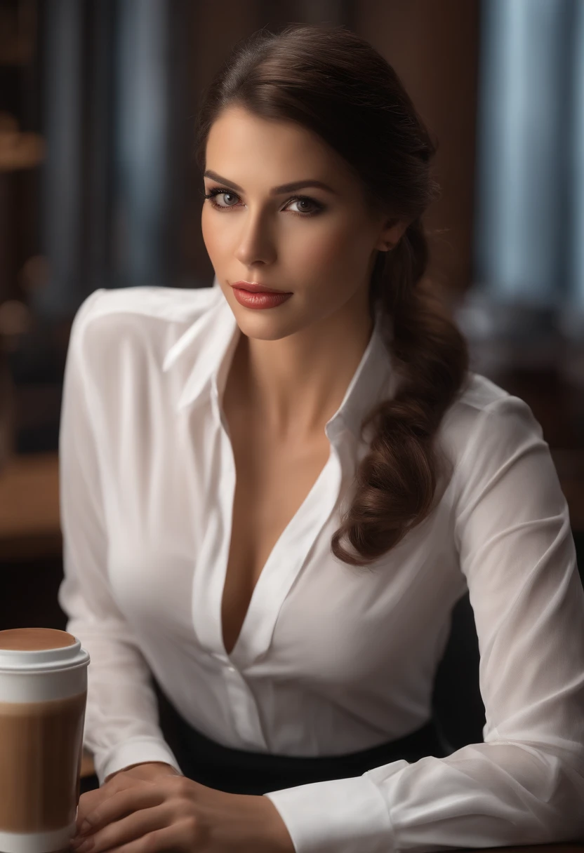 (Ssee-through) A gorgeous sexy brunette woman perfect 23 year old secretary straight hair with oily ponytail silky white skin (humide) fleshy lips, (photoreallistic:photoreallistic, 8K masterpiece), Chambre avec une chemise blanche maigre (Faits saillants des seins), Sit at a table in the restaurant，holding a coffee cup (Hyperrealistic: Realstic, Environments with intricate details),  Traits sexy sur le visage: (texture & Environment Professional photography Pure and perfect lighting).