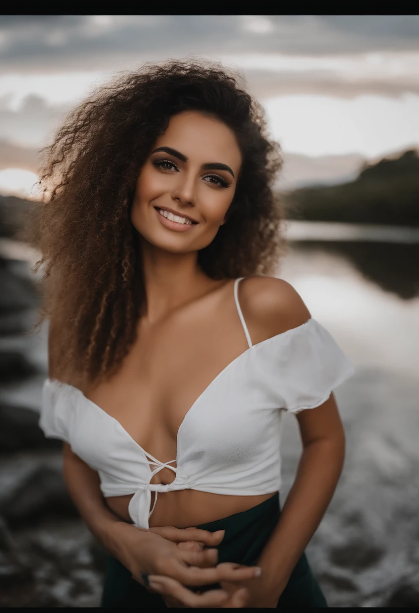 A brunette girl with curly hair and big breasts sits with her legs stretched out, taking a realistic photo