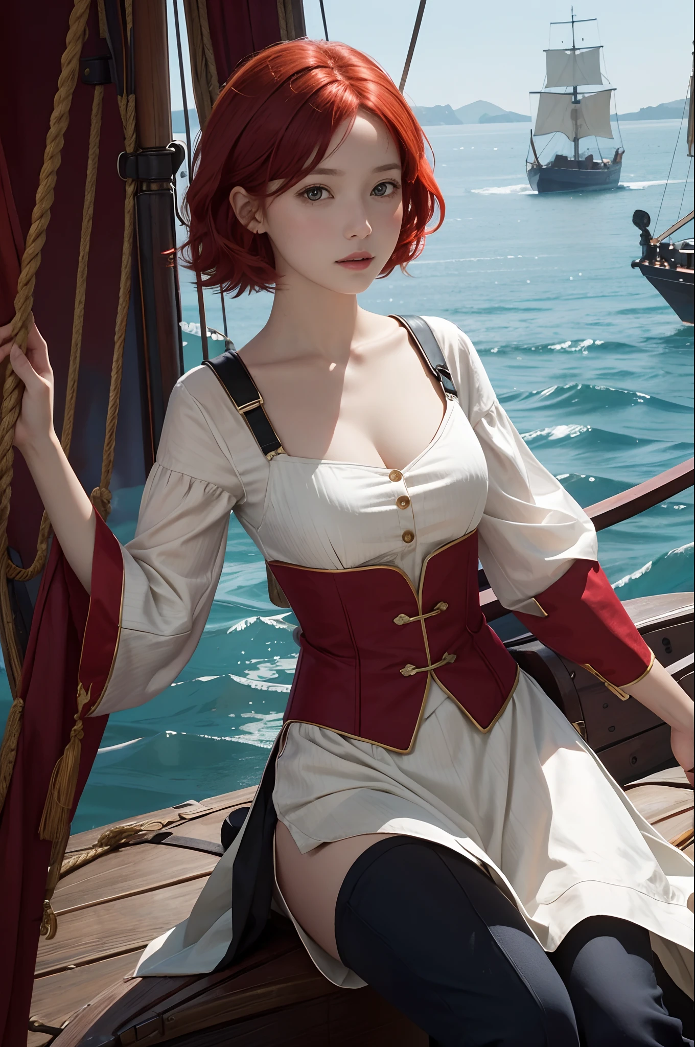 Portrait of Emily Udd, Nami, girls, Redhead,  short red hair, On a pirate ship,