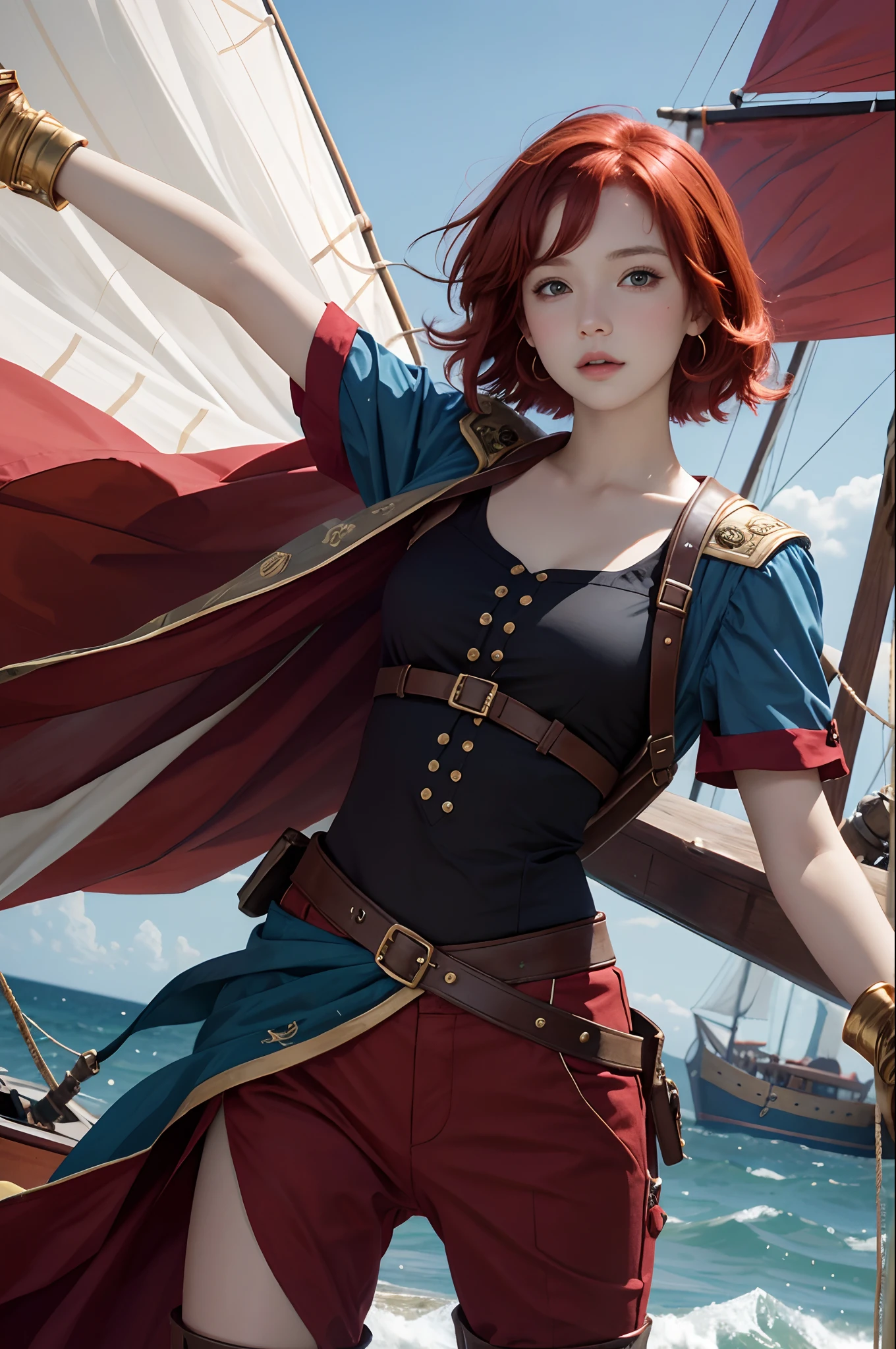 Ginger woman,1girll, freckles,28 year old,Red hair,double tails, Practical pirate clothing, (Long-sleeved pirate top), Skirt,Torn pirate hat, view the viewer, fantasy,(Pirate ship),Cinematic lighting,Masterpiece,