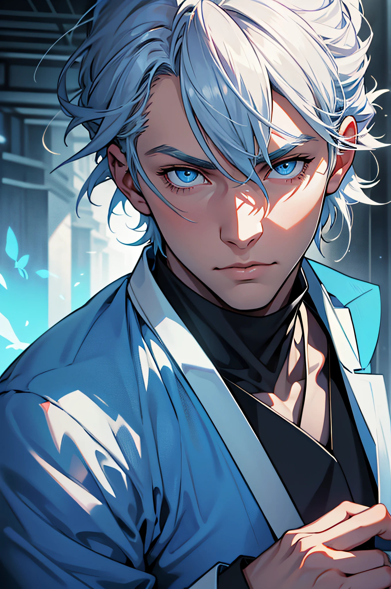Blau-lila Stil, Ich schaue dich an, Gute Augen, Unordentliches Haar, Gebrochenes Haar, Lange Haare, Ritterlichkeit, Very nice digital cyberpunk artwork, male focus, stattlich, Heldenhaft und frech, Handsome man, He wears a blue and white kimono, langes Schwert auf der Schulter, Ritterlicher Stil, Hochwertige Detaildarstellung, verschwommener Hintergrund und weiches Licht setzen sich ab, Shooting on the middle side, Mittlere Seitenperspektive, Musterdekorationen und Accessoires, Gebrochene Blumen und fliegende Blumen, Dichter Nebel umgeben, Light and shadow changes extremely exquisite. 4k-Hintergrundbild im Anime-Stil.