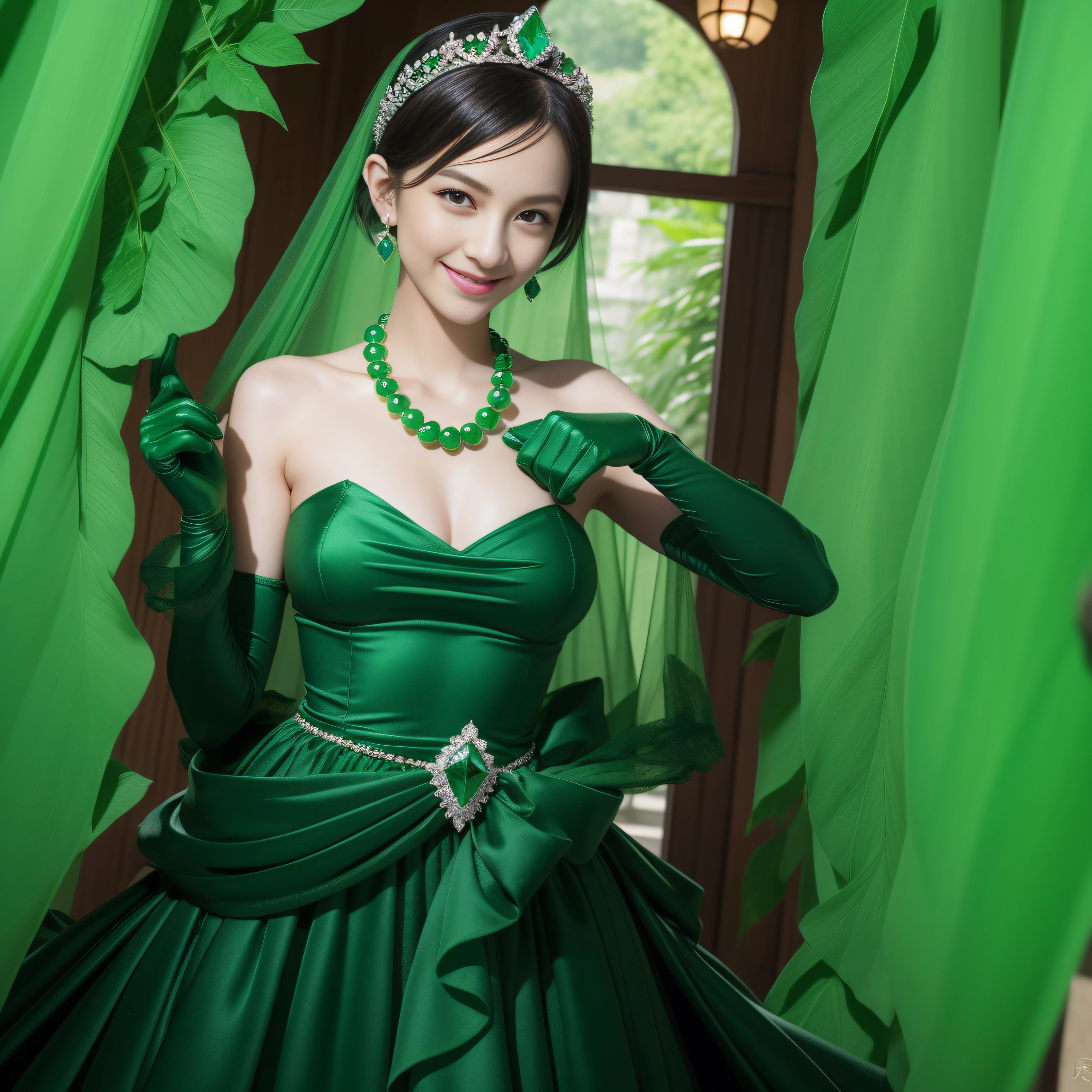emerald tiara, Green Pearl Necklace, Boyish very short black hair, lipsticks, Japan woman smiling, very short short hair, big breasts beautiful, Green eyes, Long green gloves made of satin material, Green eyes, Emerald Earrings, Green dress