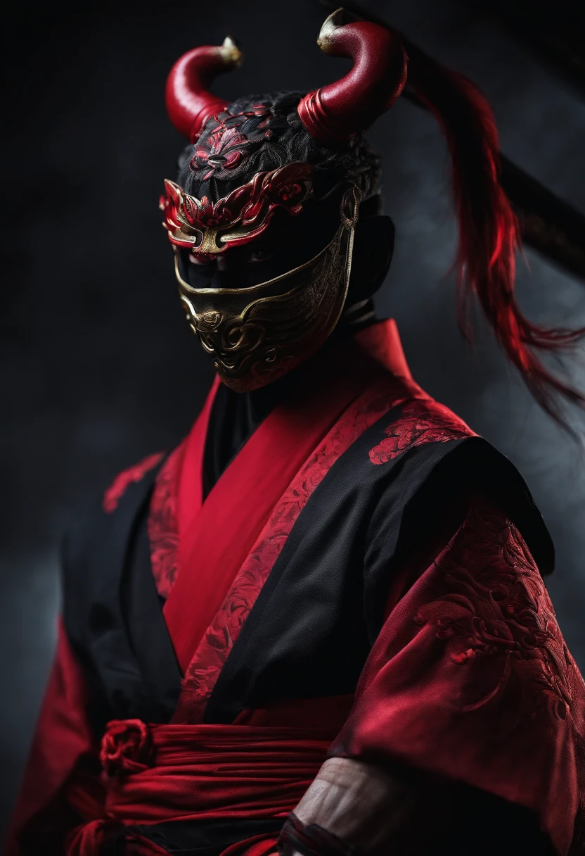 a red ninja with a Japanese oni mask, com uma roupa preta, menacingly