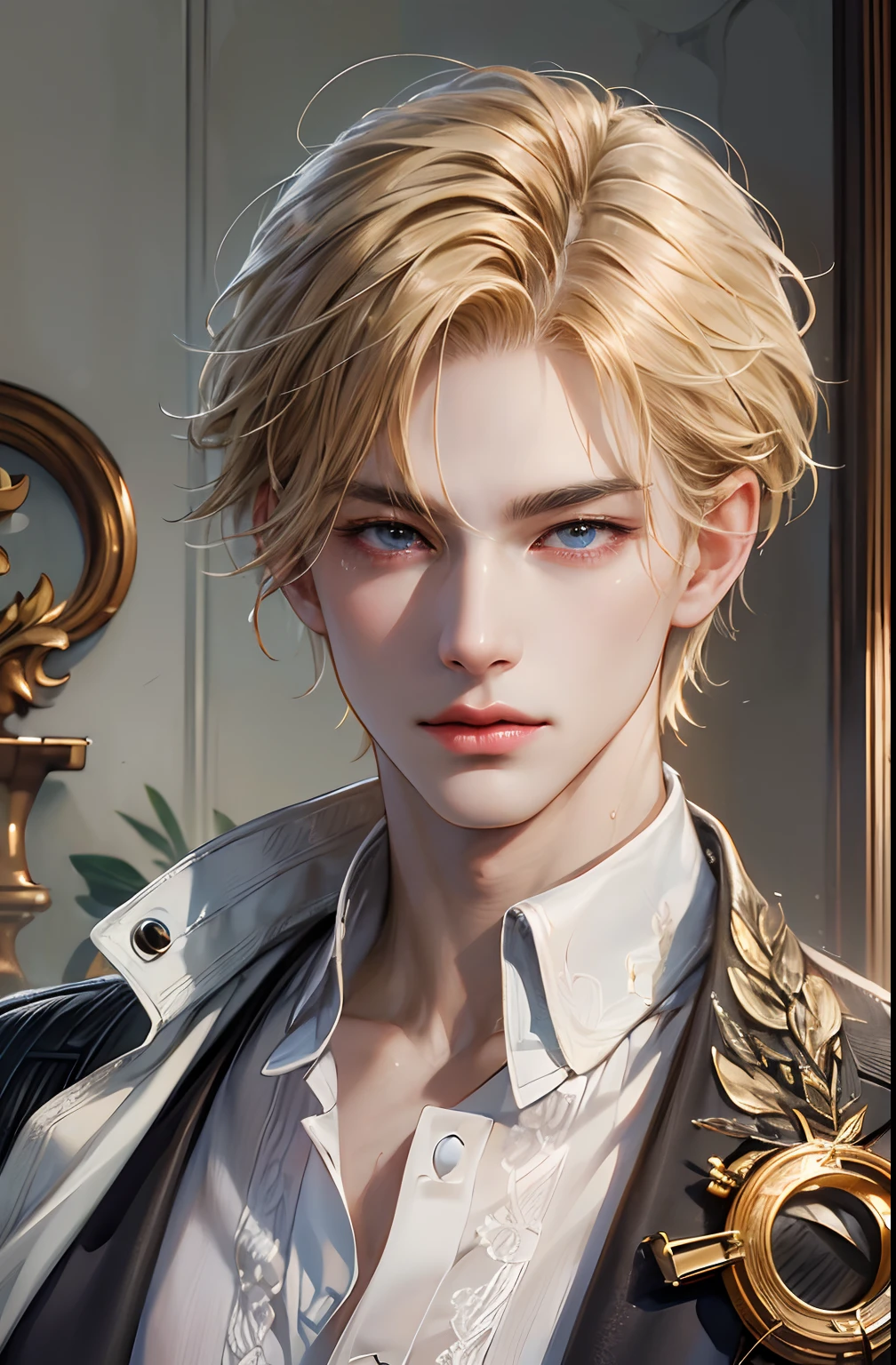 (absurdres, highres, ultra detailed, HDR), masterpiece, best quality, 1 boy , Hakuoki character, short light blonde hair, handsome face, anime eyes, detailed interior, detailed character, golden eyes