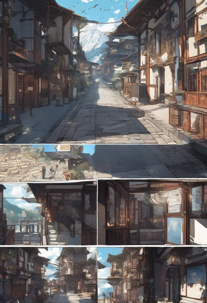 (((Comic storyboard))),comic strip,Two-dimensional picture,Manhwa Style,Makoto Shinkai animation style,Makoto Shinkai animation film art style,Ultra-wide angle of view,China-style,a town with beautiful scenery,Faraway view,Vivid and bright colors,super-fine,ultra - detailed,high qulity,8K ,oc rendered,dynamic viewing angle,Hyper Real,Ultra photo realsisim