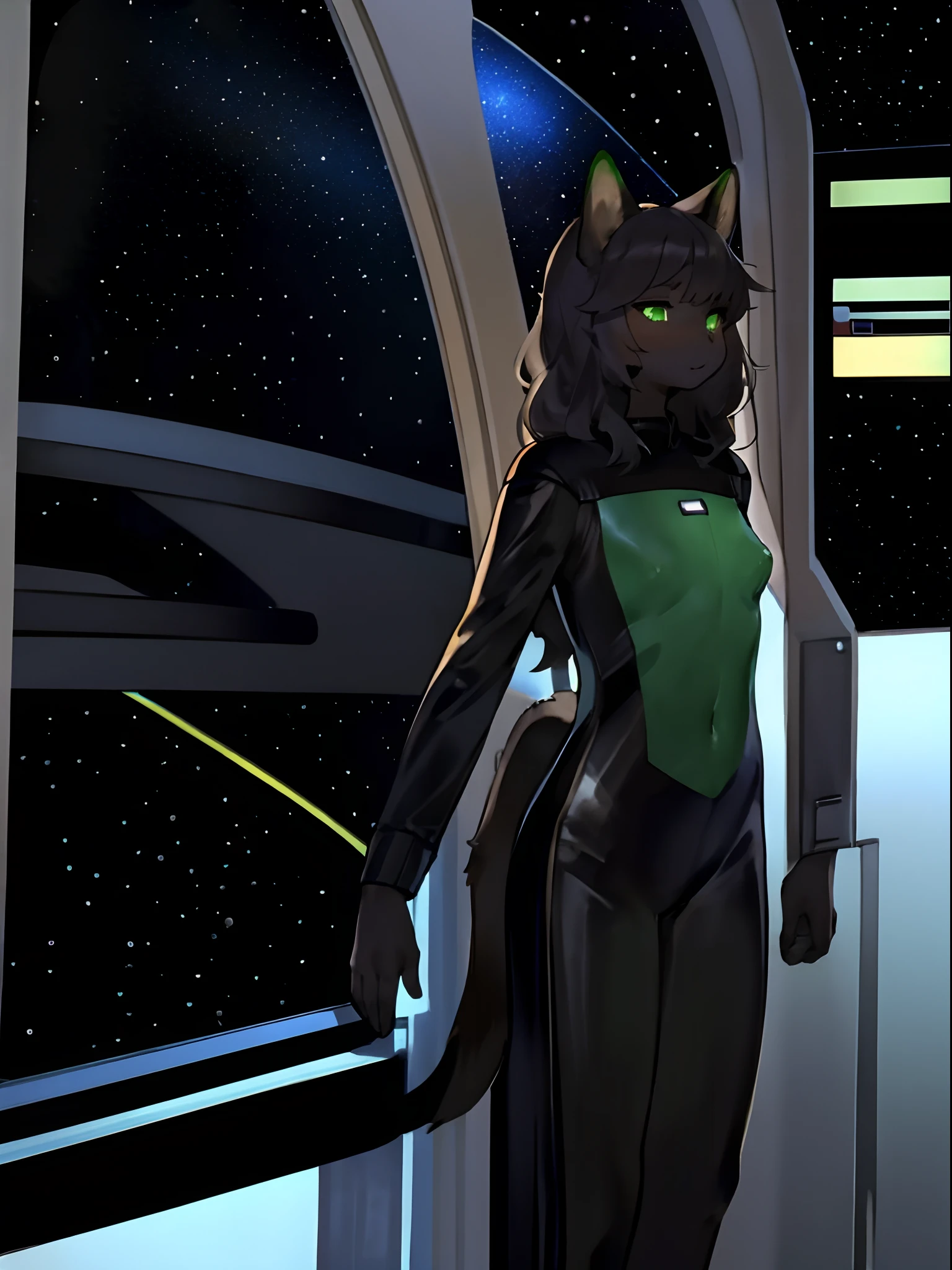 Author: Buta99, Author: Bebebebebe, Chelodoy, 独奏, woman's, Standing, extremely small breasts, Slender figure, with black hair, Medium Hair, Wavy Hair, messy hair, glowing green eyes, A detailed eye, Detailed hands, Black fur, black body, The tail of a black cat, black fur face, black face, lips, tight-fitting shiny silver spacesuit, Love green metallic, Space, Window, a space ship