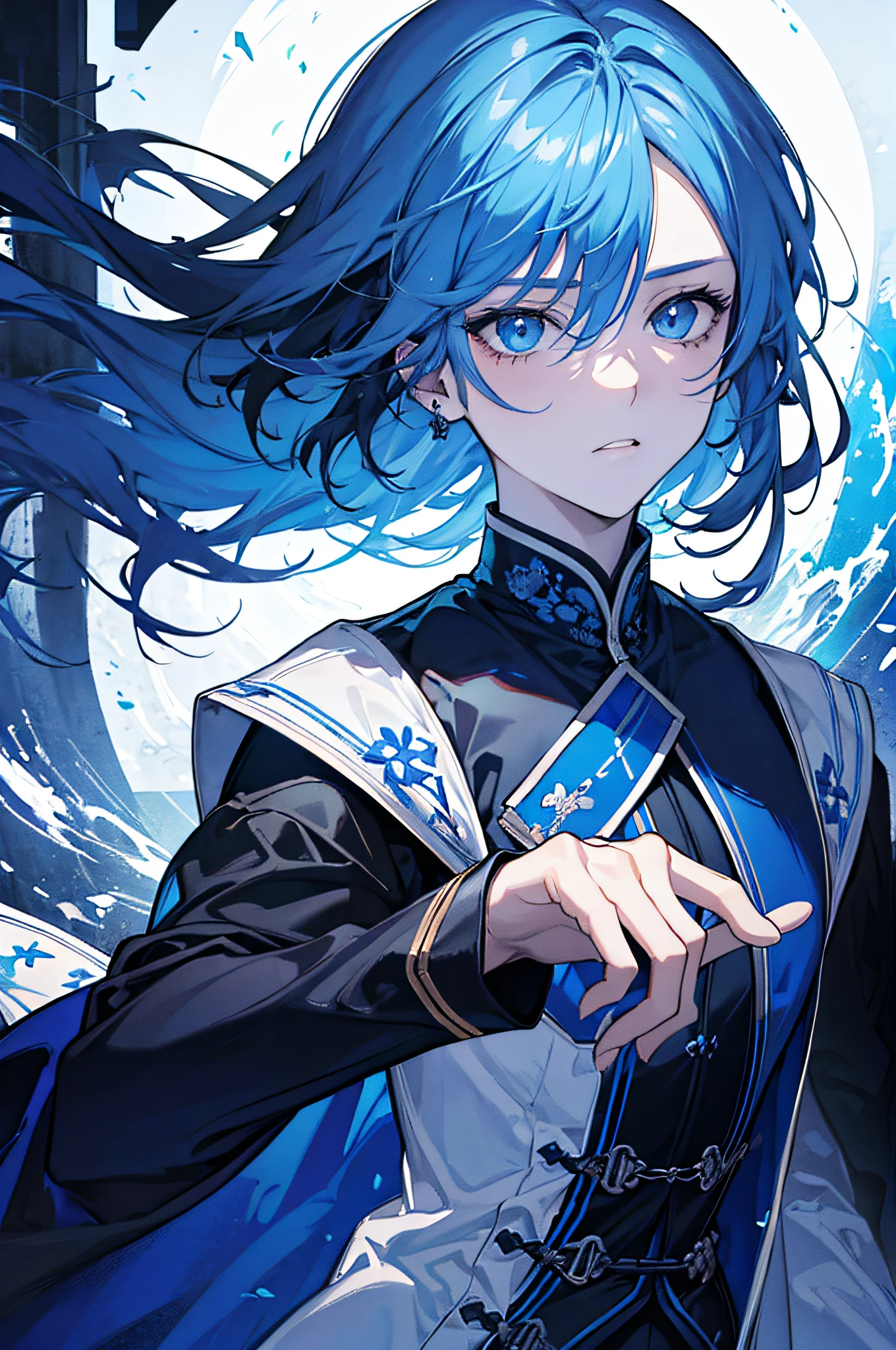 Blau-lila Stil, Ich schaue dich an, Gute Augen, Unordentliches Haar, Gebrochenes Haar, Lange Haare, Ritterlichkeit, Very nice digital cyberpunk artwork, male focus, stattlich, Heldenhaft und frech, Handsome man, He wears a blue and white kimono, langes Schwert auf der Schulter, Ritterlicher Stil, Hochwertige Detaildarstellung, verschwommener Hintergrund und weiches Licht setzen sich ab, Shooting on the middle side, Mittlere Seitenperspektive, Musterdekorationen und Accessoires, Gebrochene Blumen und fliegende Blumen, Dichter Nebel umgeben, Light and shadow changes extremely exquisite. 4k-Hintergrundbild im Anime-Stil.