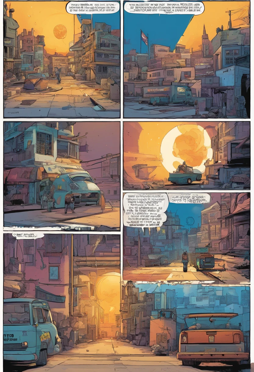 American comics, The cartoon is represented by several irregular panels with colors. The sun shines brightly in the sky. In the middle of a dusty city, We look at R2-X7, A small astronomical mechanic with a silver cylindrical body and blue details. He is trapped in a repair shop.