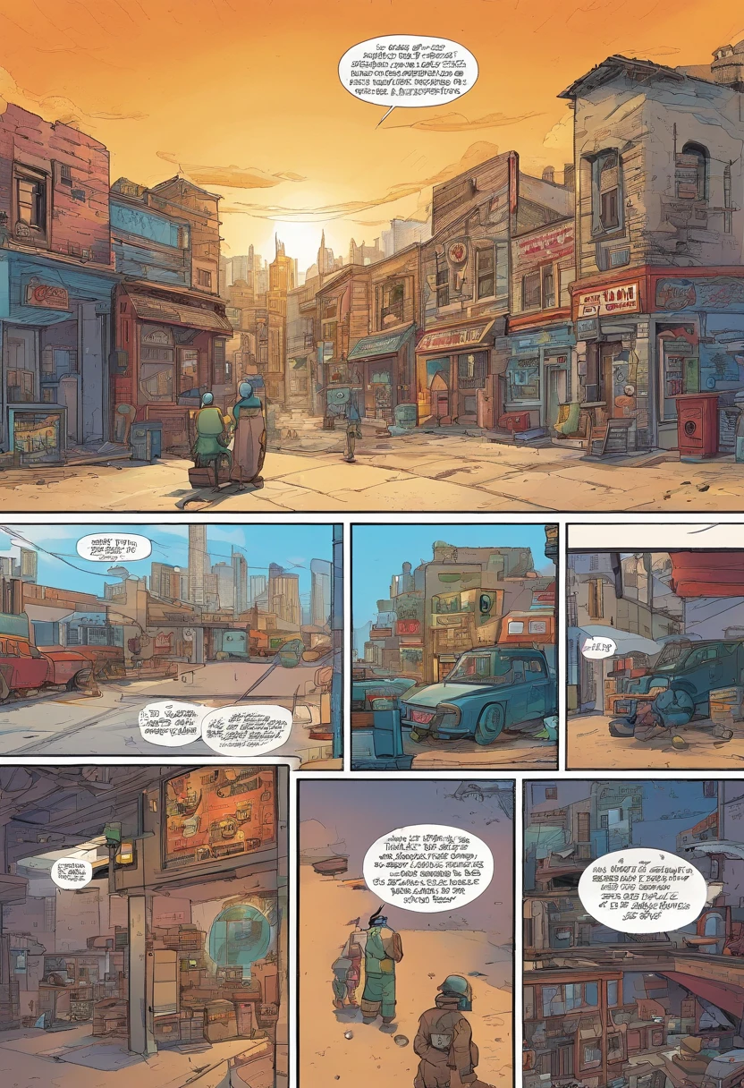 American comics, The cartoon is represented by several irregular panels with colors. The sun shines brightly in the sky. In the middle of a dusty city, We look at R2-X7, A small astronomical mechanic with a silver cylindrical body and blue details. He is trapped in a repair shop.