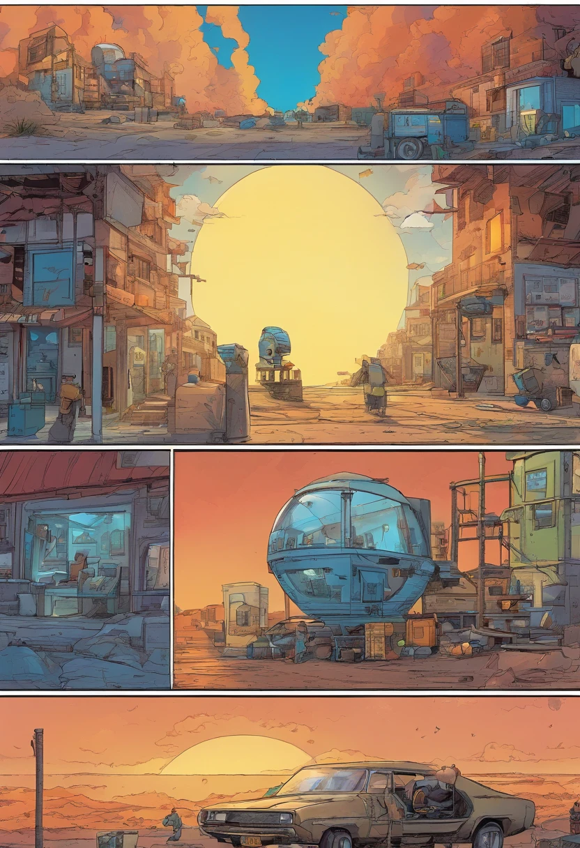 American comics, The cartoon is represented by several irregular panels with colors. The sun shines brightly in the sky. In the middle of a dusty city, We look at R2-X7, A small astronomical mechanic with a silver cylindrical body and blue details. He is trapped in a repair shop.